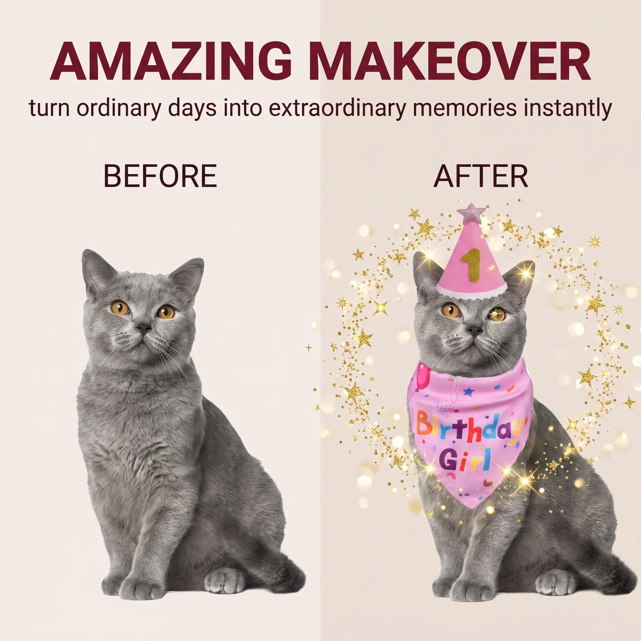 OIXEYA Set Compleanno Cane e Gatto con Bandana Rosa e Cappello, Taglia M - immagine 5