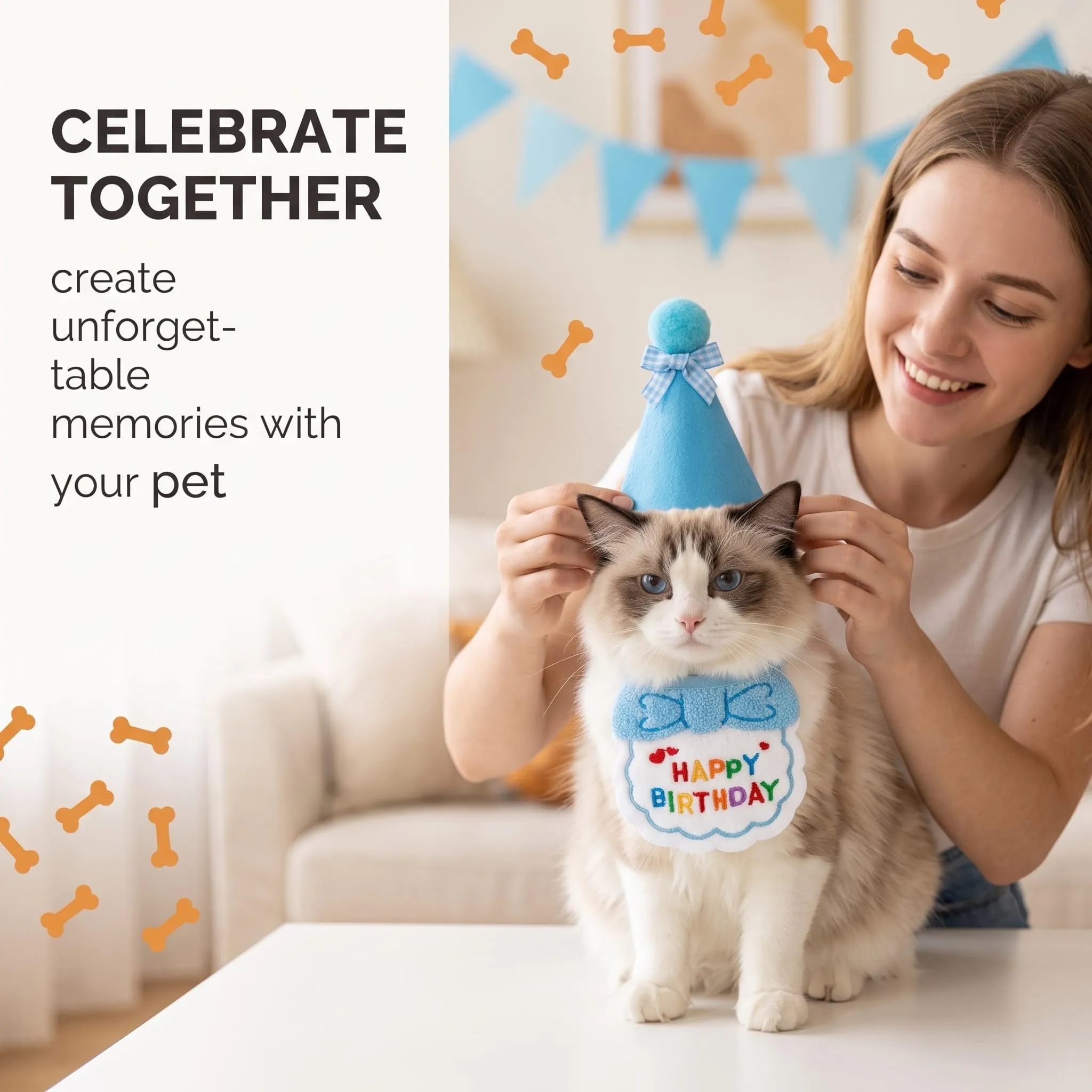 OIXEYA Set Compleanno Cane 3 Pezzi con Cappello, Bandana e Papillon, Blu, Taglia M - immagine 2