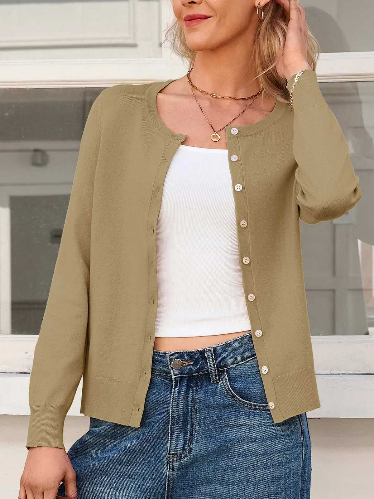 Saodimallsu Cardigan Leggero da Donna a Maniche Lunghe con Bottoni, Khaki, L - immagine 3