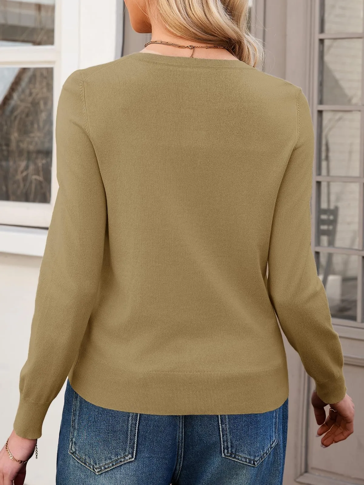Saodimallsu Cardigan Leggero da Donna a Maniche Lunghe con Bottoni, Khaki, L - immagine 5