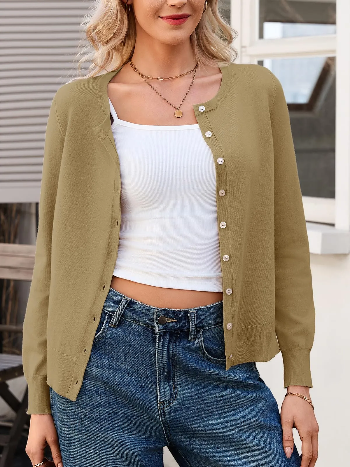 Saodimallsu Cardigan Leggero da Donna a Maniche Lunghe con Bottoni, Khaki, M - immagine 2