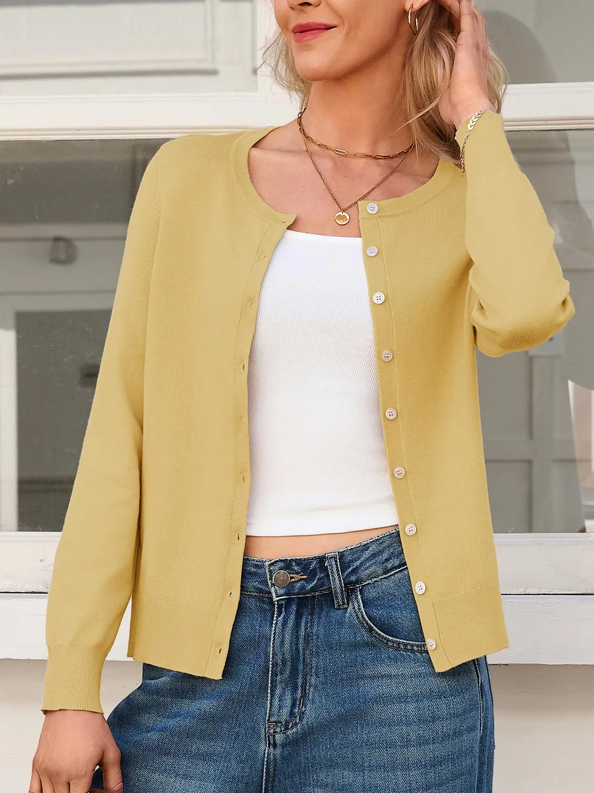 Saodimallsu Cardigan Leggero da Donna a Maniche Lunghe con Bottoni, Giallo, L - immagine 3
