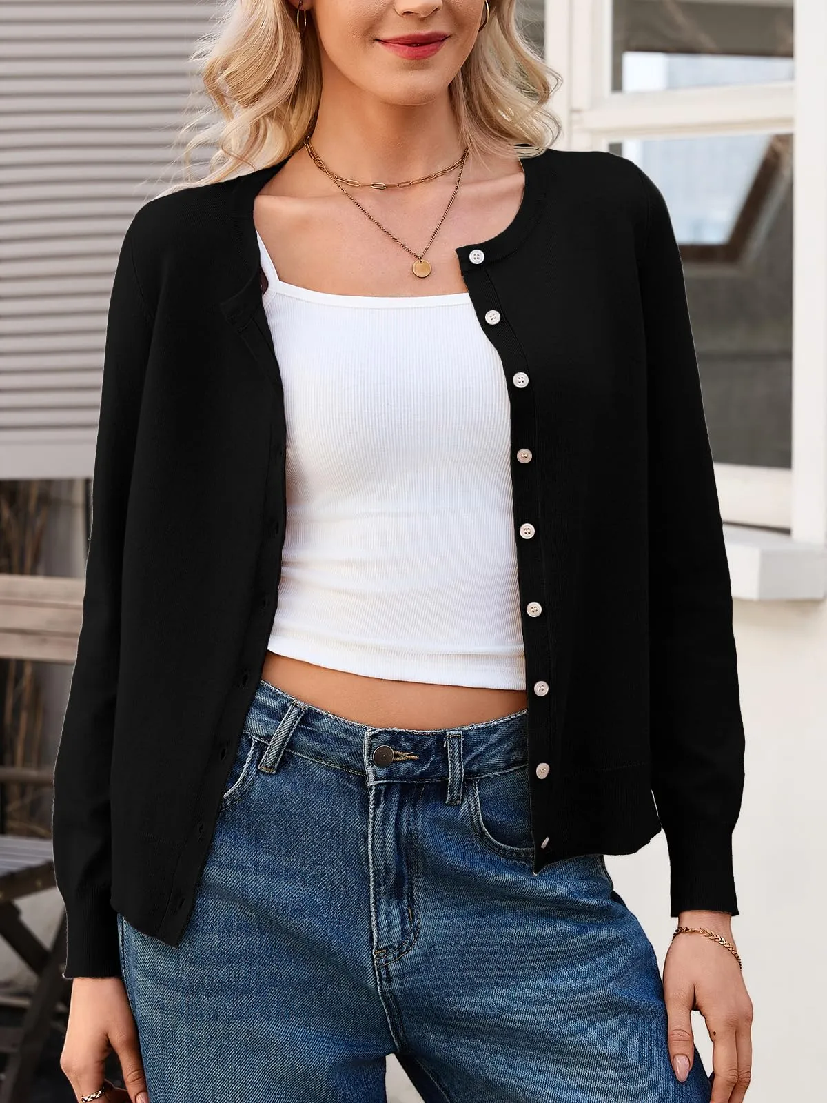 Saodimallsu Cardigan Leggero da Donna a Maniche Lunghe con Bottoni, Nero, L - immagine 2