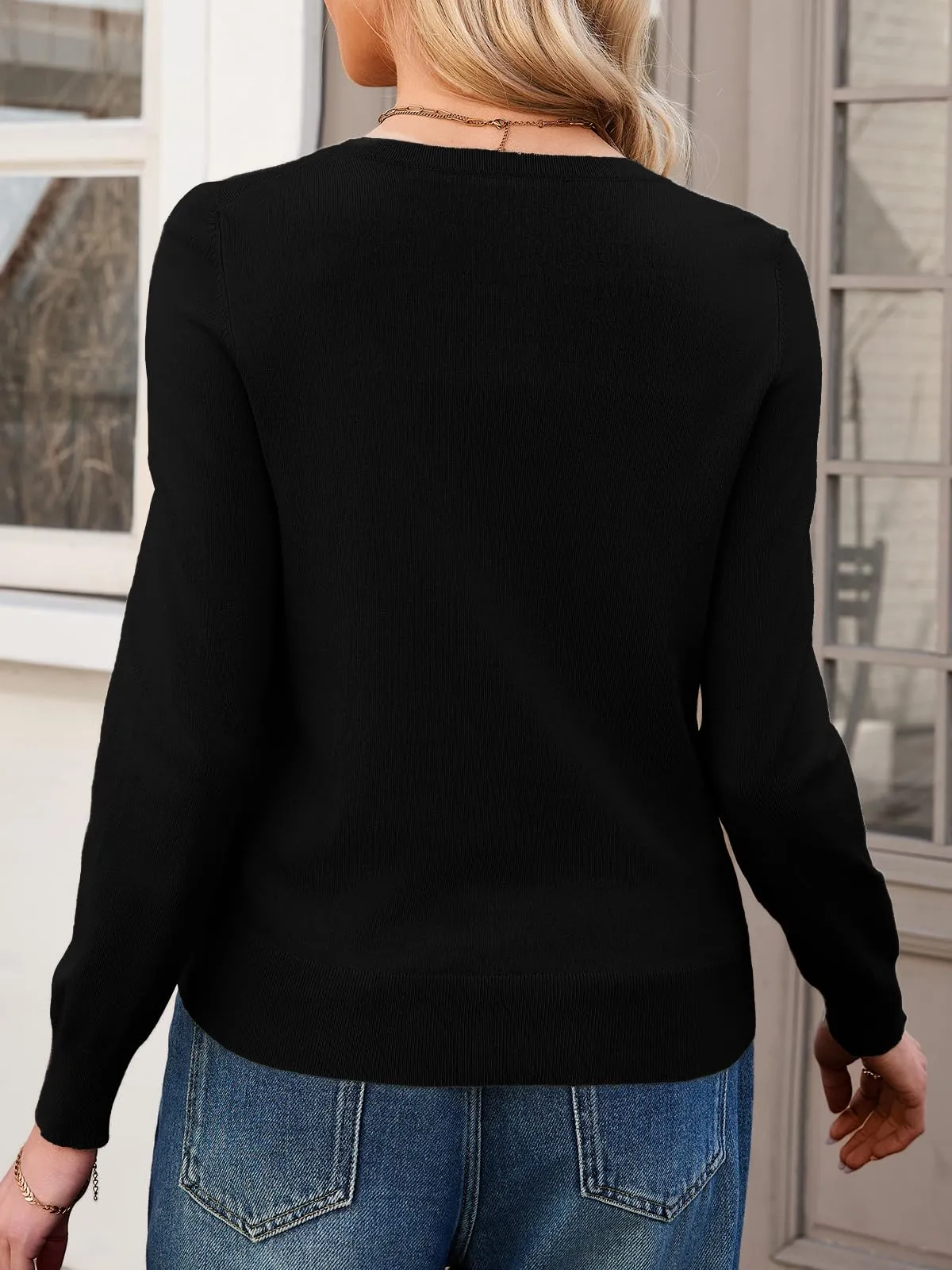 Saodimallsu Cardigan Leggero da Donna a Maniche Lunghe con Bottoni, Nero, L - immagine 5