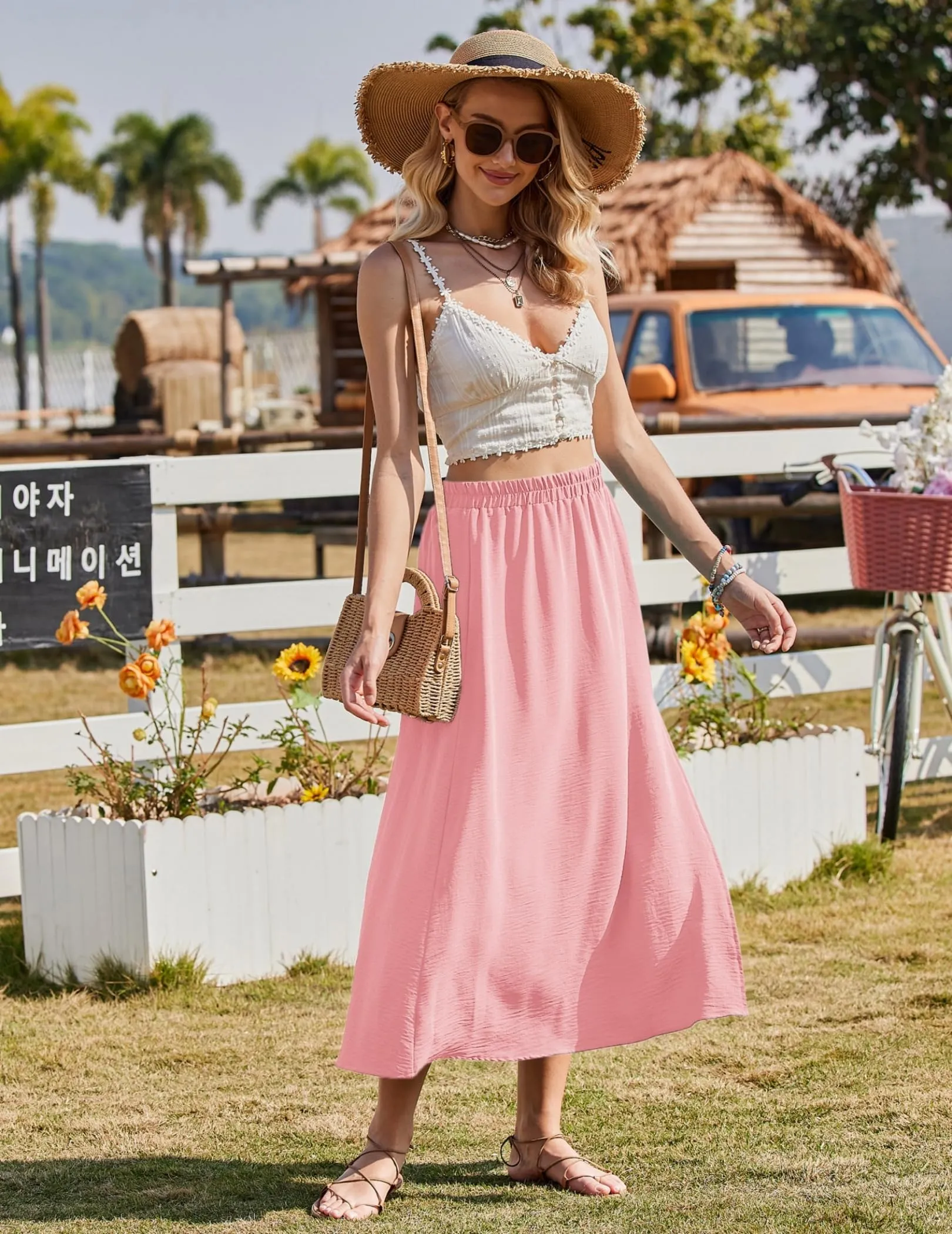 Zeagoo Gonna Donna Lunga Maxi in Chiffon a Vita Elastica Rosa Chiaro XL - immagine 3