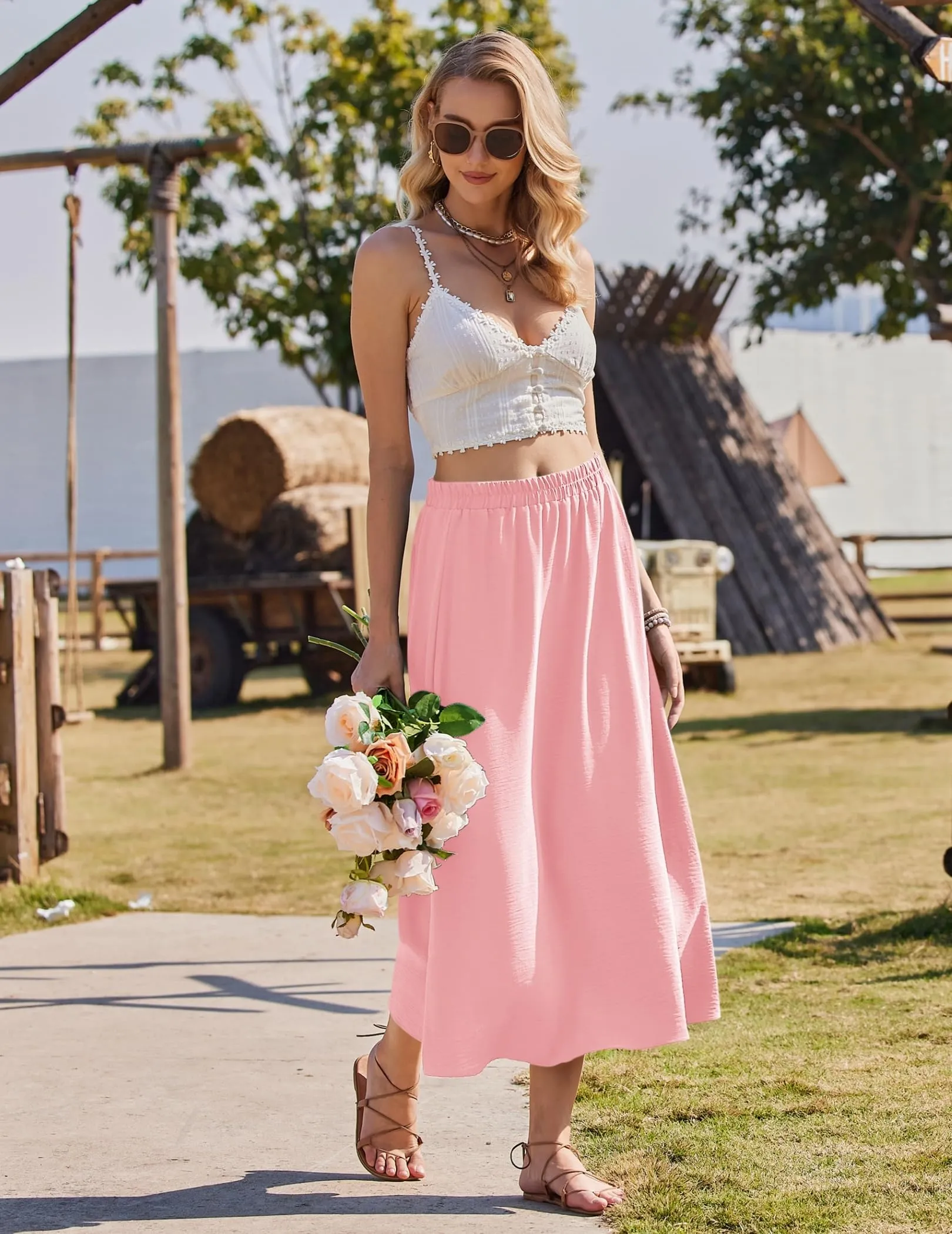 Zeagoo Gonna Donna Lunga Maxi in Chiffon a Vita Elastica Rosa Chiaro XL - immagine 5