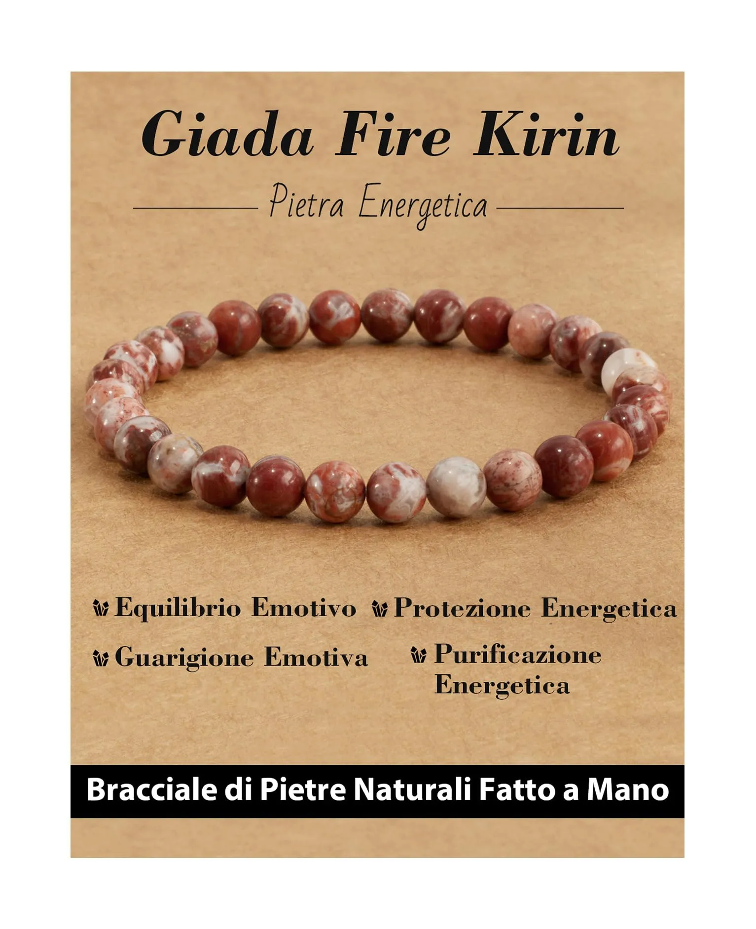 Landorilo Bracciale in Pietra Naturale Giada Fire Kirin, 6 mm, 19 cm - immagine 1