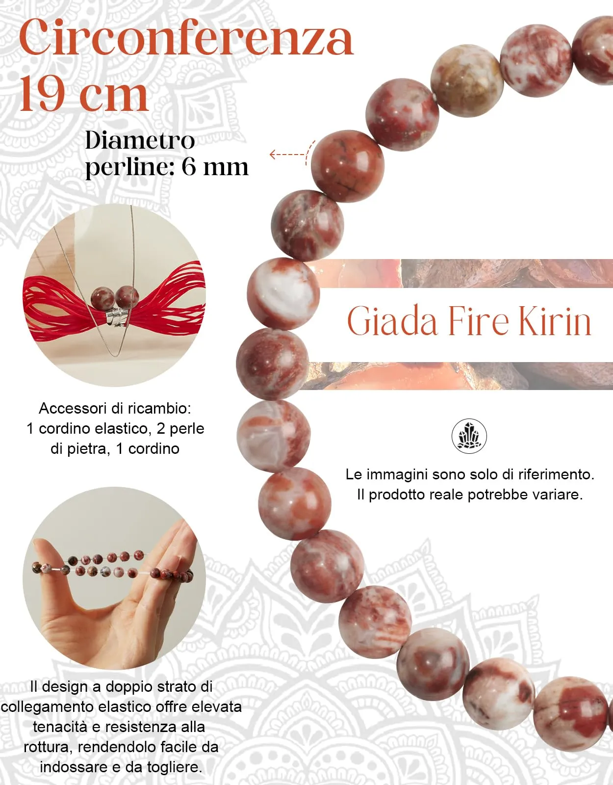 Landorilo Bracciale in Pietra Naturale Giada Fire Kirin, 6 mm, 19 cm - immagine 3