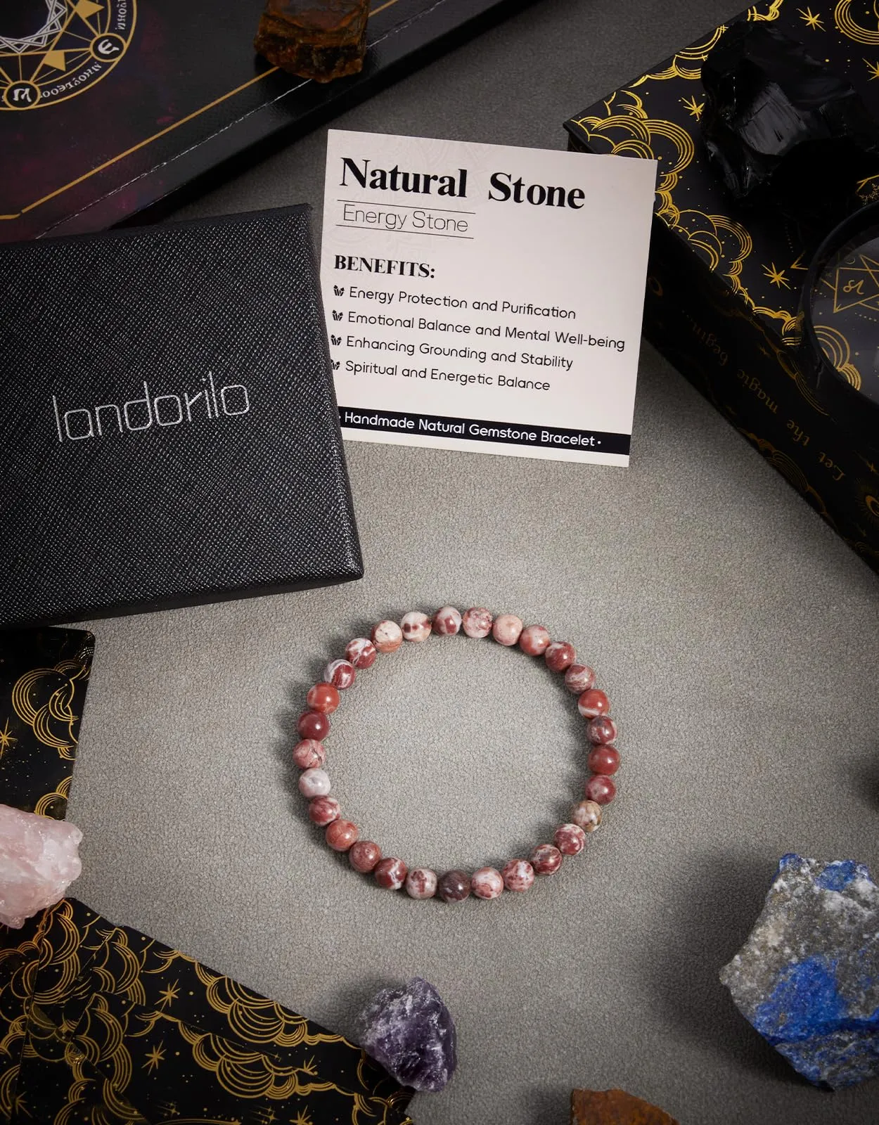 Landorilo Bracciale in Pietra Naturale Giada Fire Kirin, 6 mm, 19 cm - immagine 4