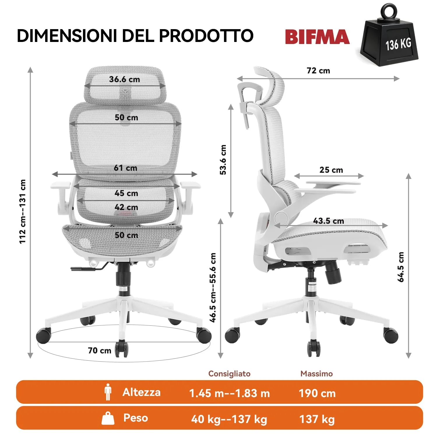 SIHOO B100 Sedia da Ufficio in Rete con Supporto Lombare Adattivo, 136kg, Bianco - immagine 3
