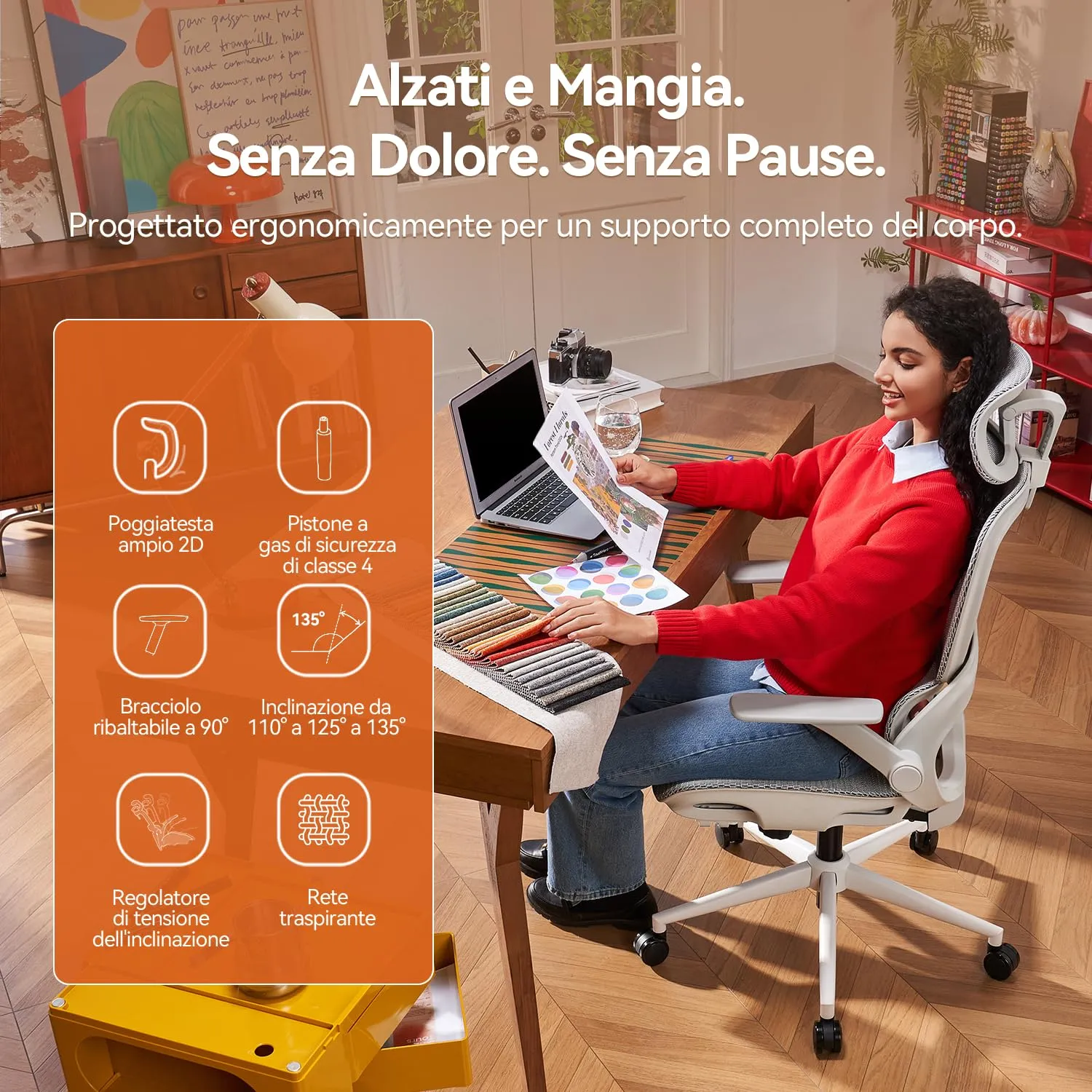 SIHOO B100 Sedia da Ufficio in Rete con Supporto Lombare Adattivo, 136kg, Bianco - immagine 9