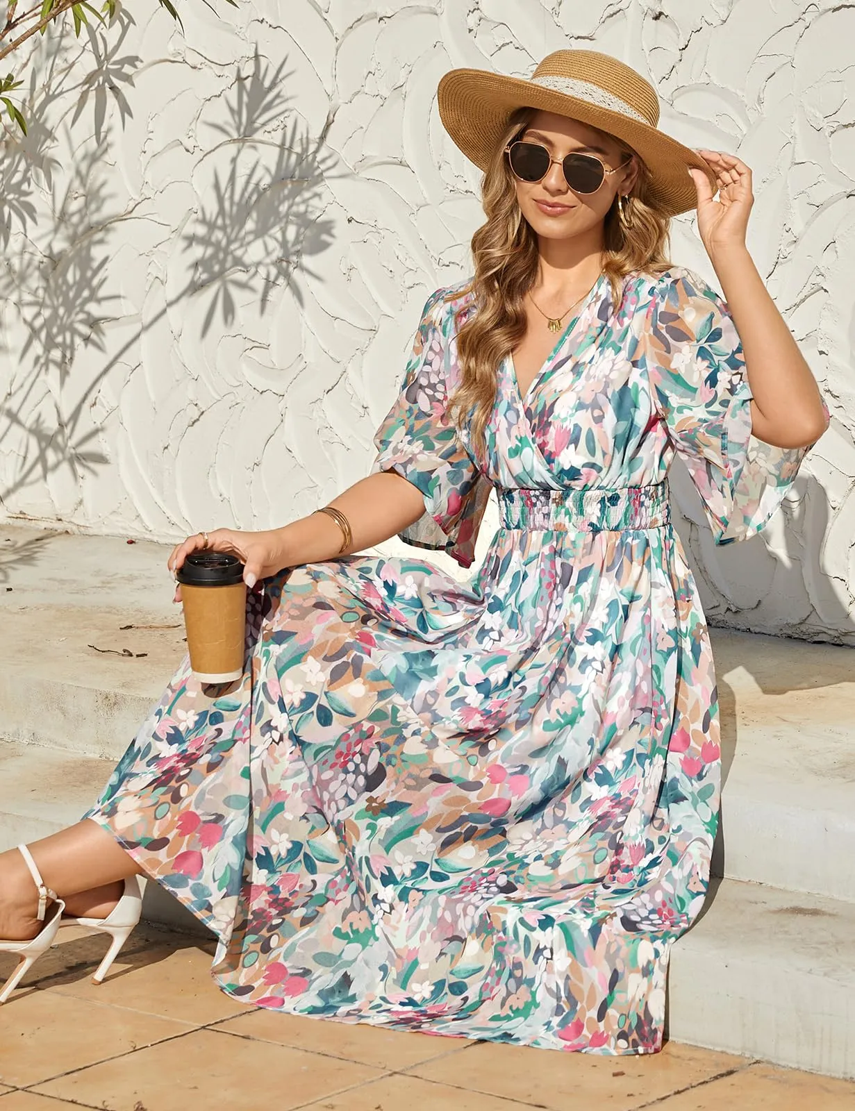 PASUDA Abito Lungo Estivo Donna Scollo a V Stampa Floreale, Fiori Colorati, S - immagine 2