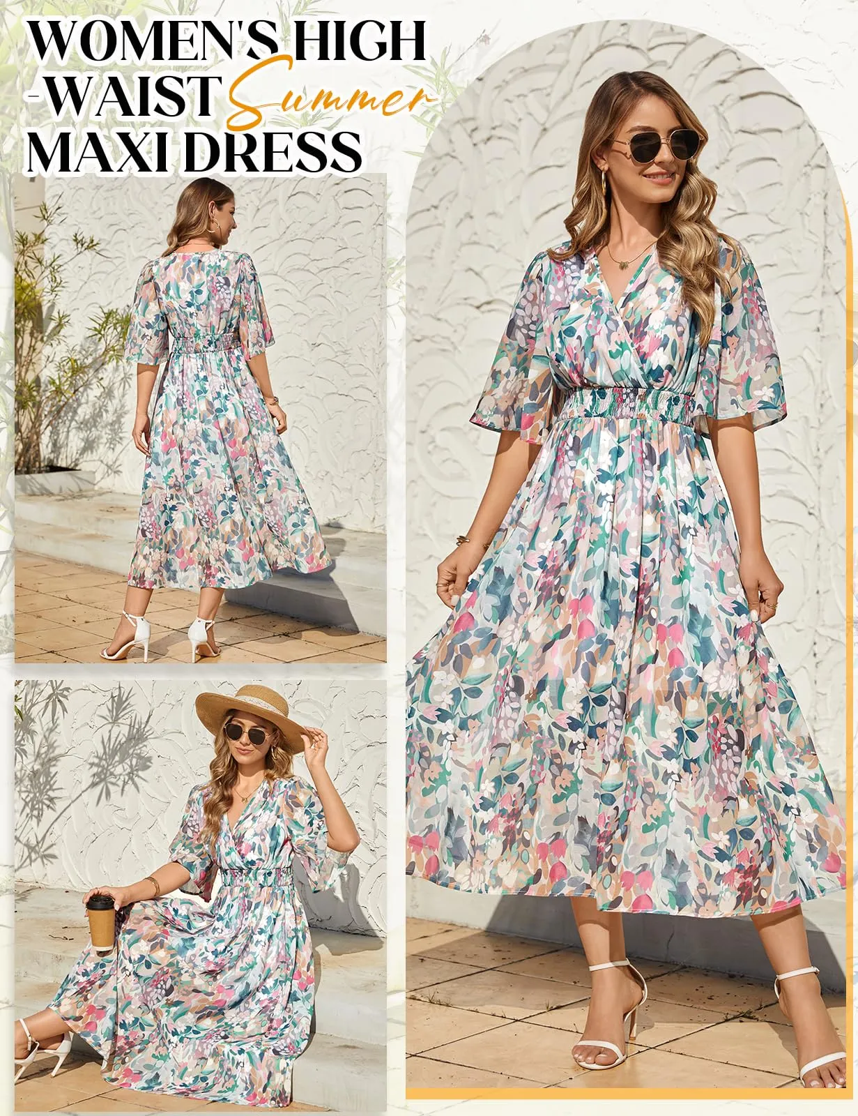 PASUDA Abito Lungo Estivo Donna Scollo a V Stampa Floreale, Fiori Colorati, S - immagine 3