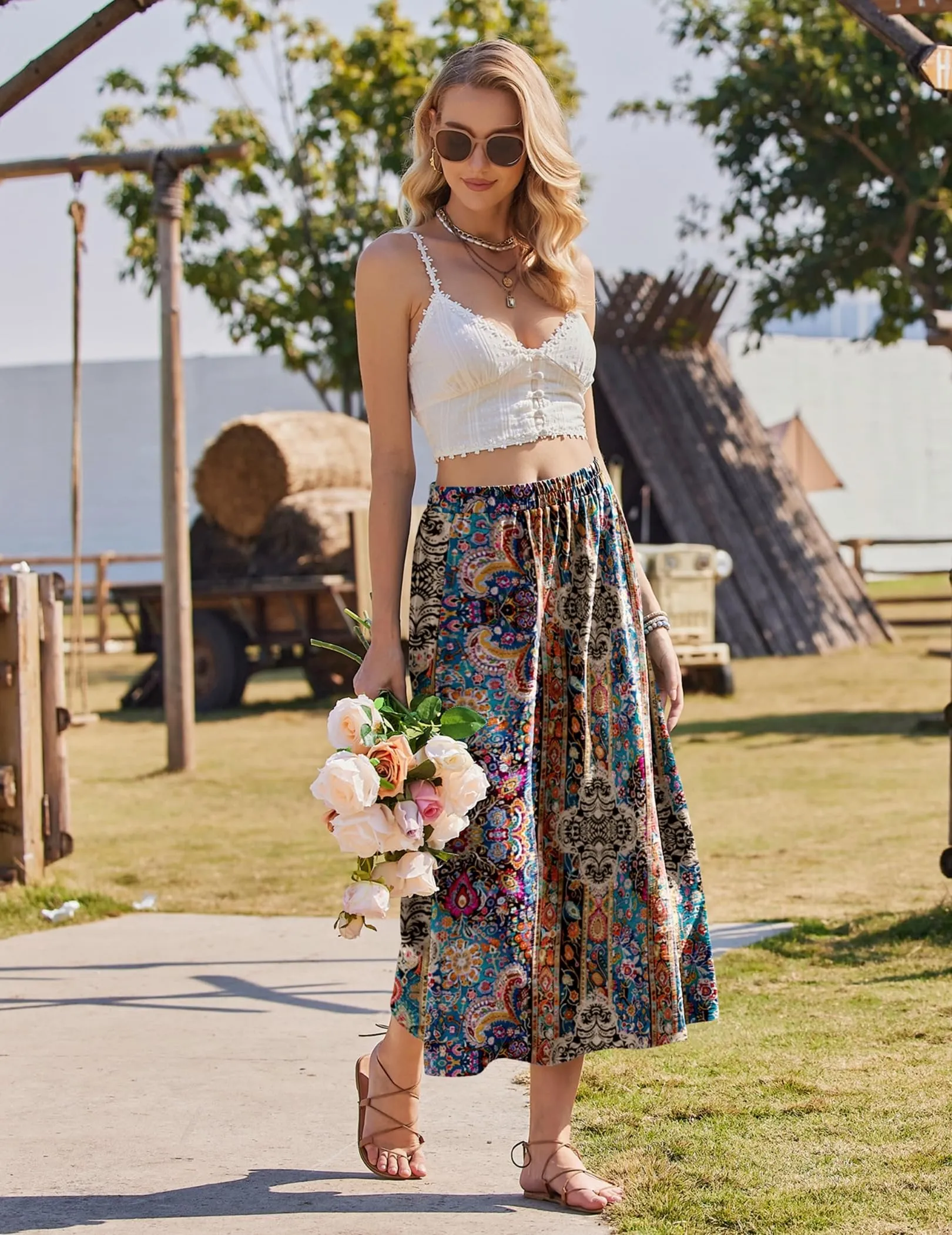 Zeagoo Gonna Lunga con Spacco Donna Estiva Boho Maxi Stampata XL - immagine 5