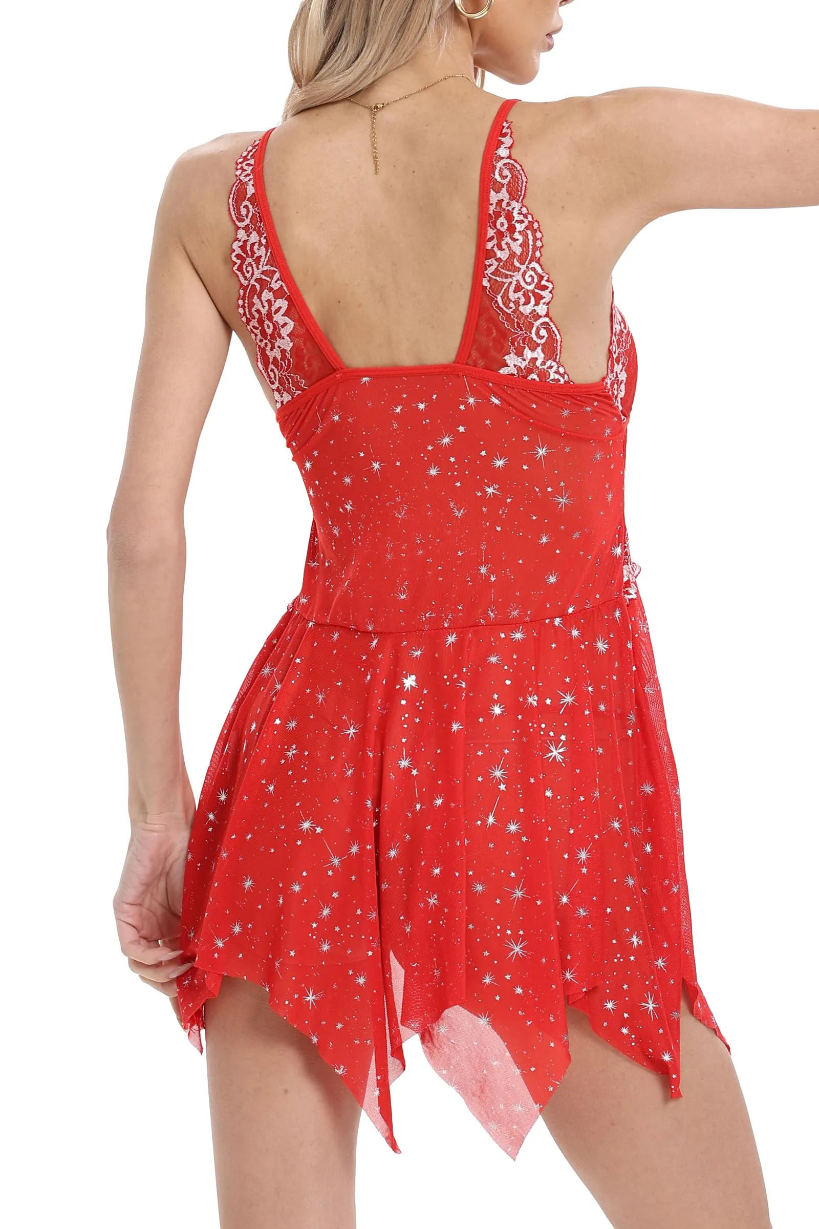 ONGASOFT Set Lingerie Babydoll con Chiusura Frontale e Perizoma, Stelle Rosse, S - immagine 6