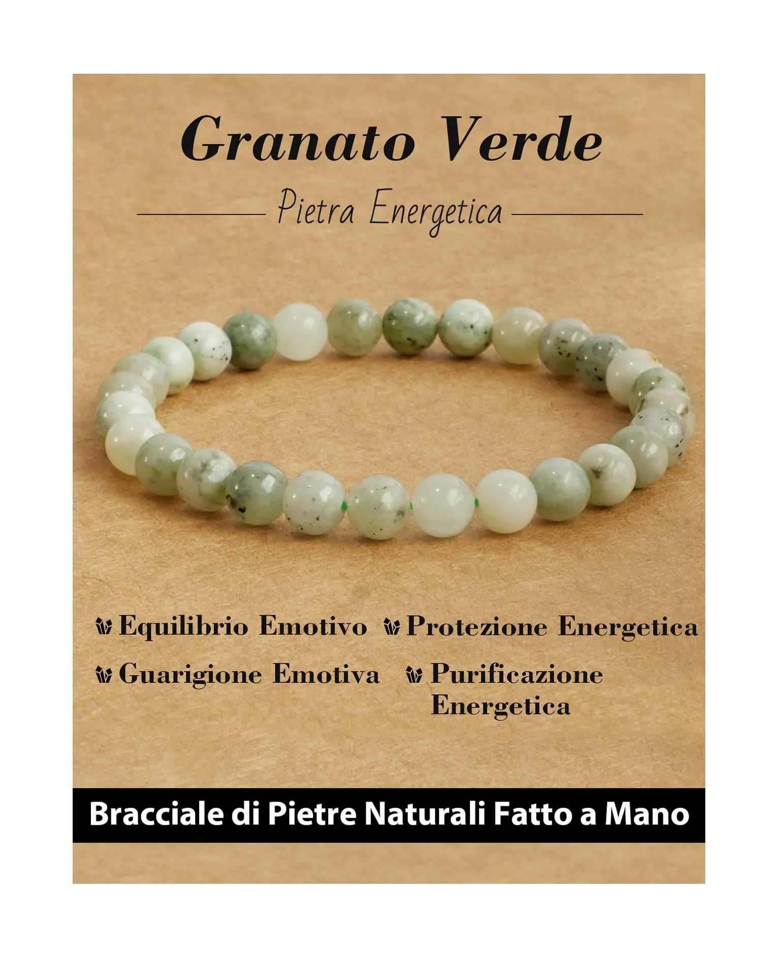Landorilo Bracciale in Pietra Naturale Granato Verde, 6 mm, 19 cm - immagine 1