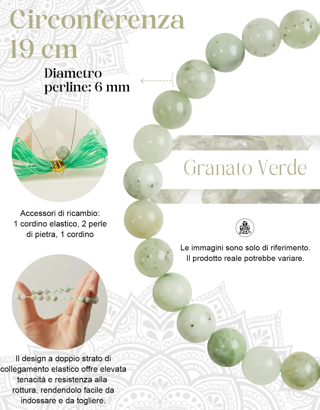 Landorilo Bracciale in Pietra Naturale Granato Verde, 6 mm, 19 cm - immagine 3