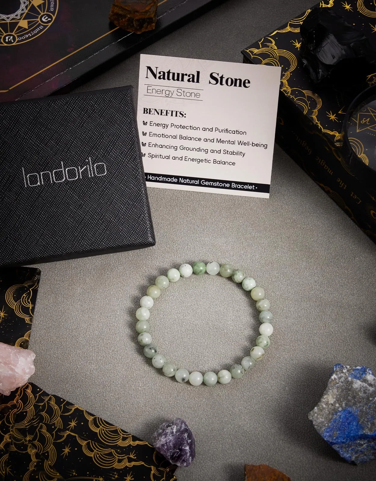 Landorilo Bracciale in Pietra Naturale Granato Verde, 6 mm, 19 cm - immagine 4