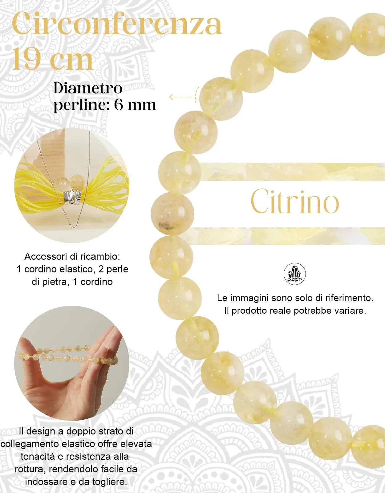 Landorilo Bracciale in Pietra Naturale Citrino, 6 mm, 19 cm - immagine 3