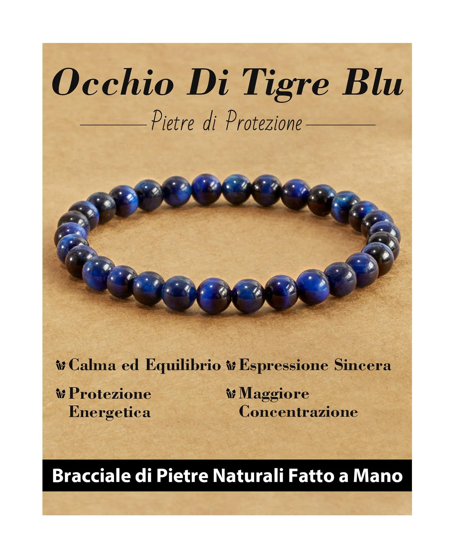 Landorilo Bracciale in Pietra Naturale Occhio di Tigre Blu, 6 mm, 19 cm - immagine 1