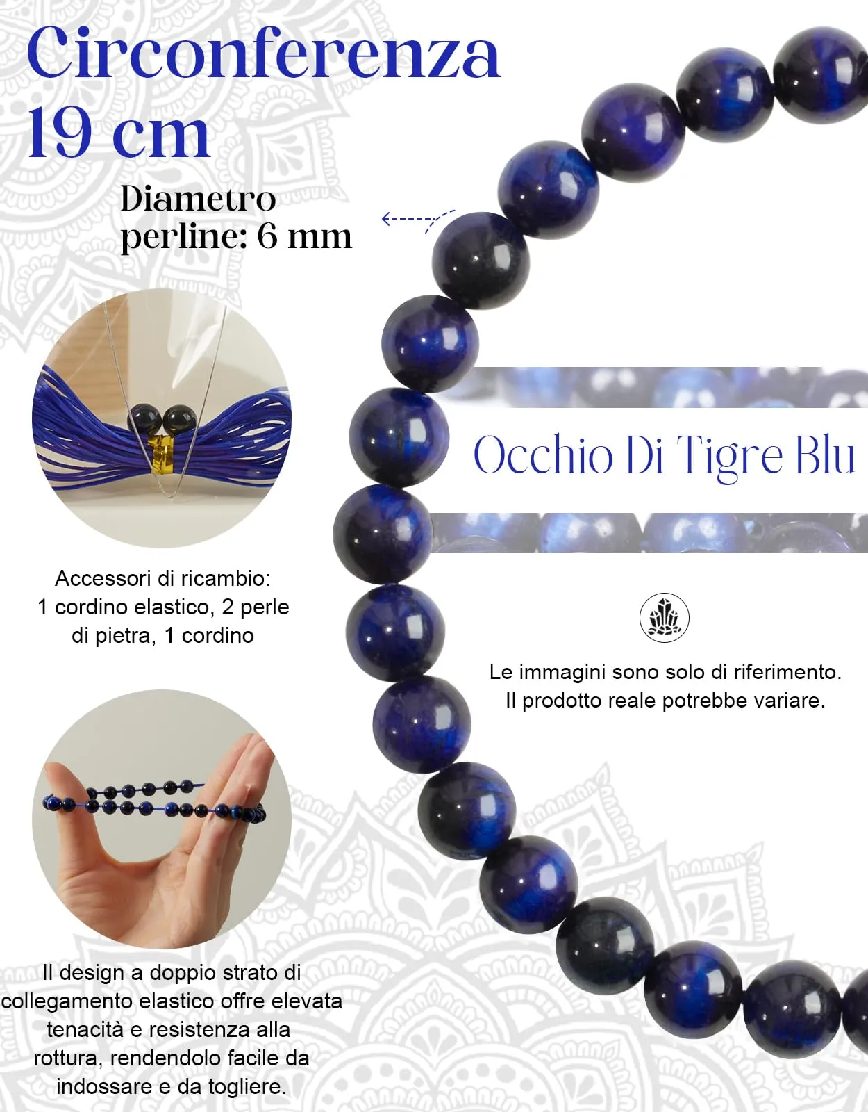 Landorilo Bracciale in Pietra Naturale Occhio di Tigre Blu, 6 mm, 19 cm - immagine 3