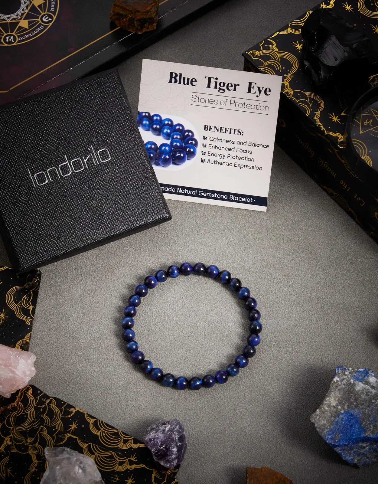 Landorilo Bracciale in Pietra Naturale Occhio di Tigre Blu, 6 mm, 19 cm - immagine 4