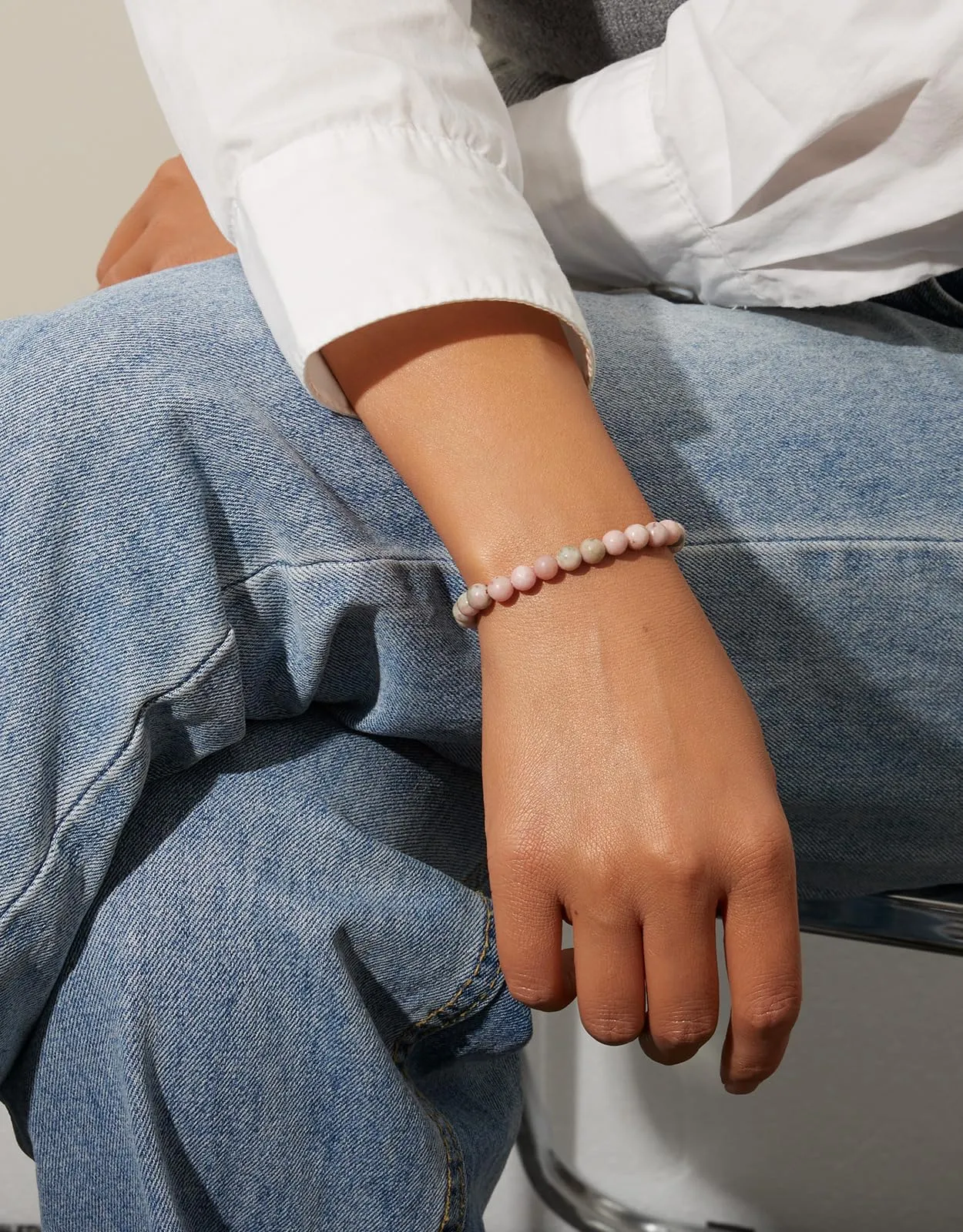 Landorilo Bracciale in Pietra Naturale Quarzite Rosa, 6 mm, 19 cm - immagine 2