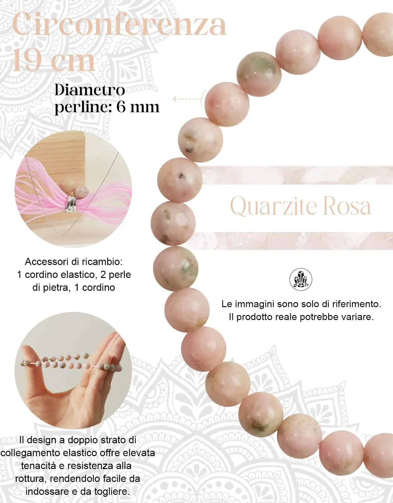 Landorilo Bracciale in Pietra Naturale Quarzite Rosa, 6 mm, 19 cm - immagine 3