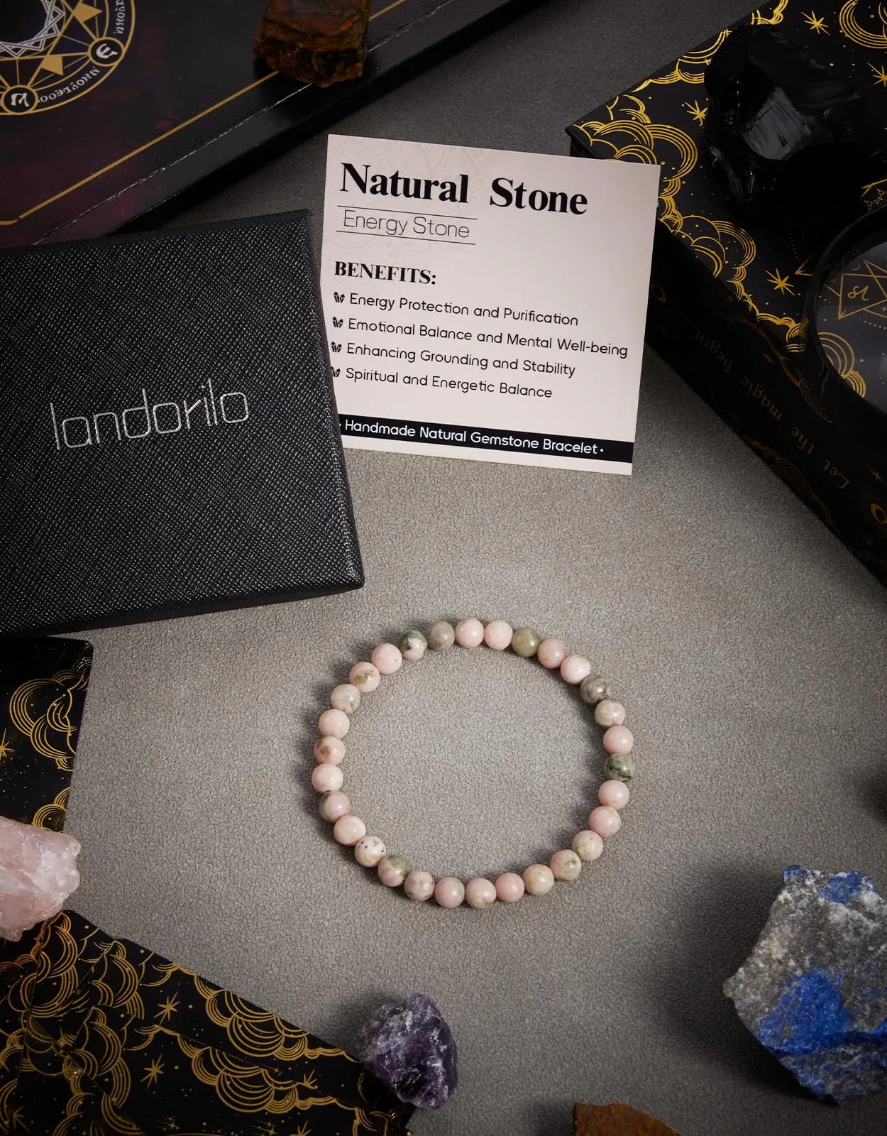 Landorilo Bracciale in Pietra Naturale Quarzite Rosa, 6 mm, 19 cm - immagine 4