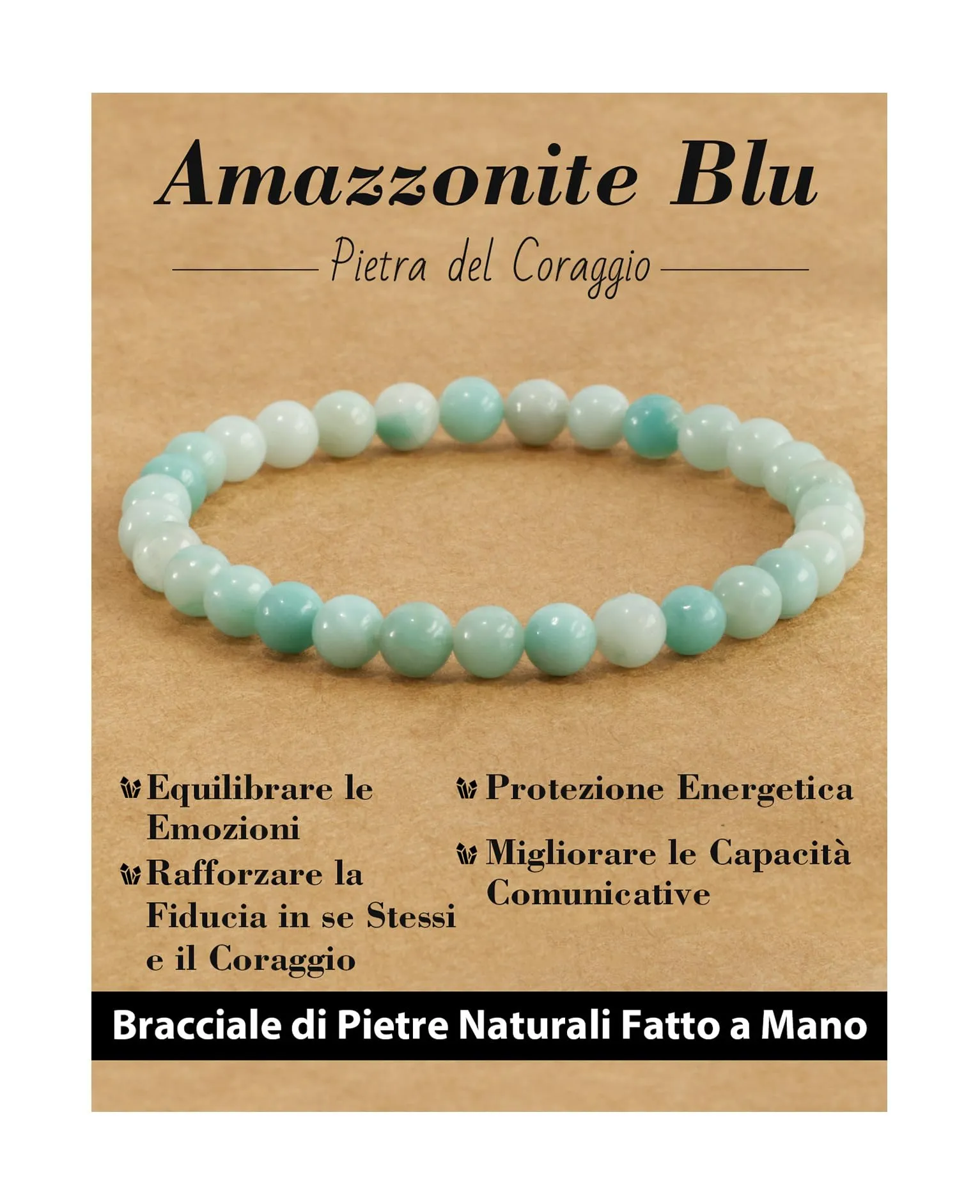 Landorilo Bracciale in Pietra Naturale Amazzonite Blu, 6 mm, 19 cm - immagine 1