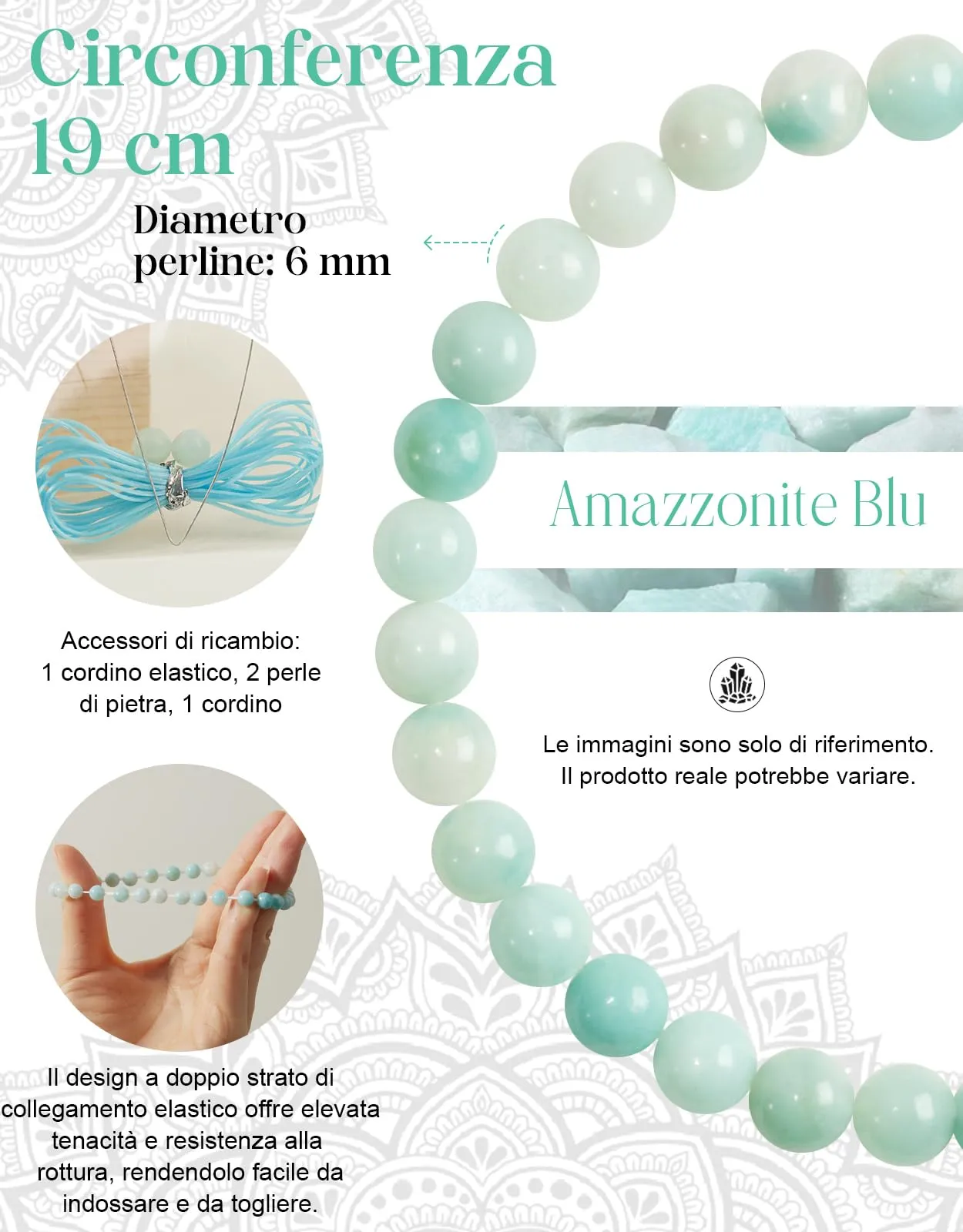 Landorilo Bracciale in Pietra Naturale Amazzonite Blu, 6 mm, 19 cm - immagine 3
