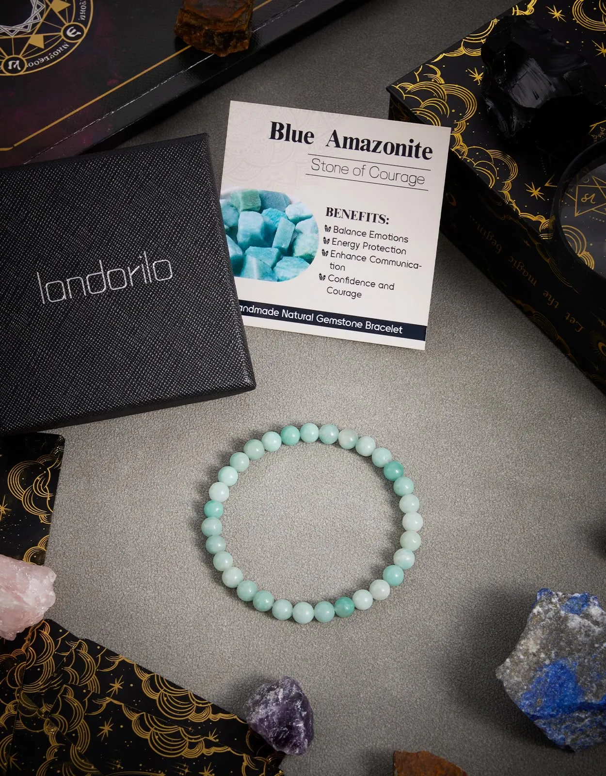Landorilo Bracciale in Pietra Naturale Amazzonite Blu, 6 mm, 19 cm - immagine 4