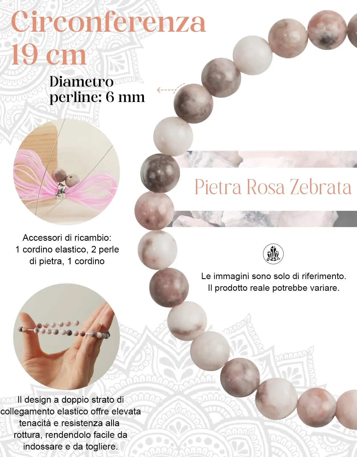 Landorilo Bracciale in Pietra Naturale Rosa Zebrata, 6 mm, 19 cm - immagine 3