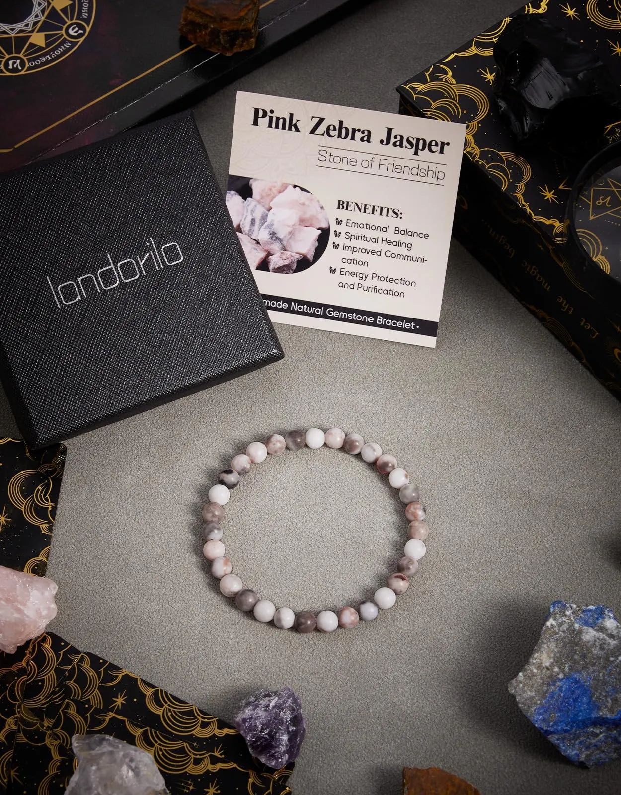 Landorilo Bracciale in Pietra Naturale Rosa Zebrata, 6 mm, 19 cm - immagine 4