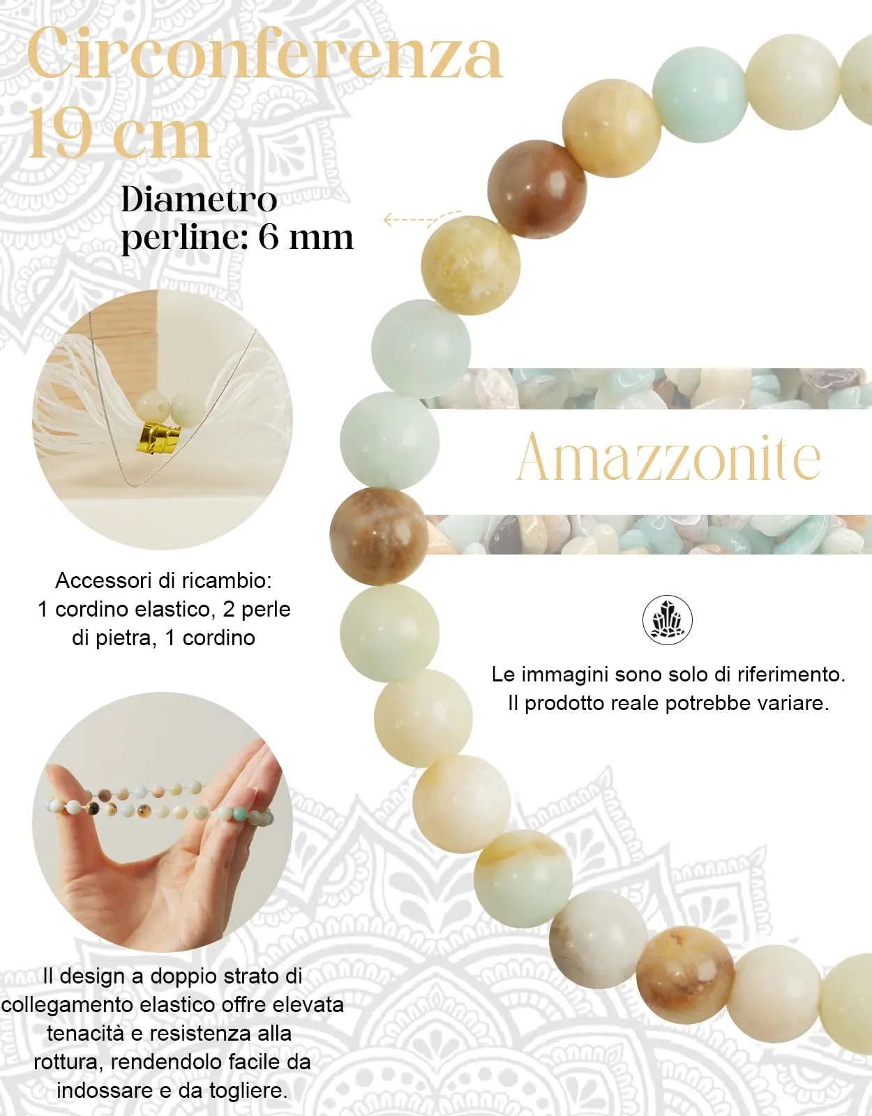 Landorilo Bracciale in Pietra Naturale Amazzonite 6 mm, 19 cm - immagine 3