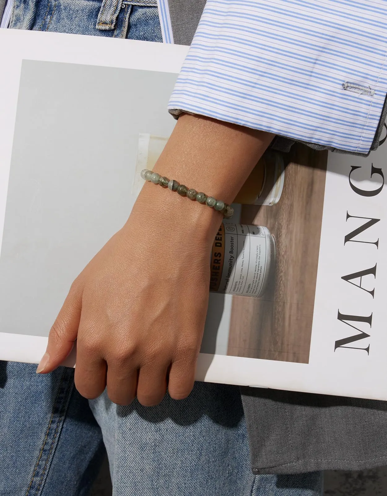 Landorilo Bracciale in Pietra Naturale 6 mm, Specchio Verde, 19 cm - immagine 2