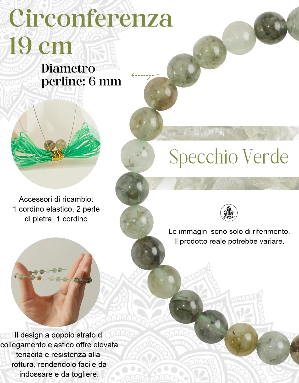 Landorilo Bracciale in Pietra Naturale 6 mm, Specchio Verde, 19 cm - immagine 3