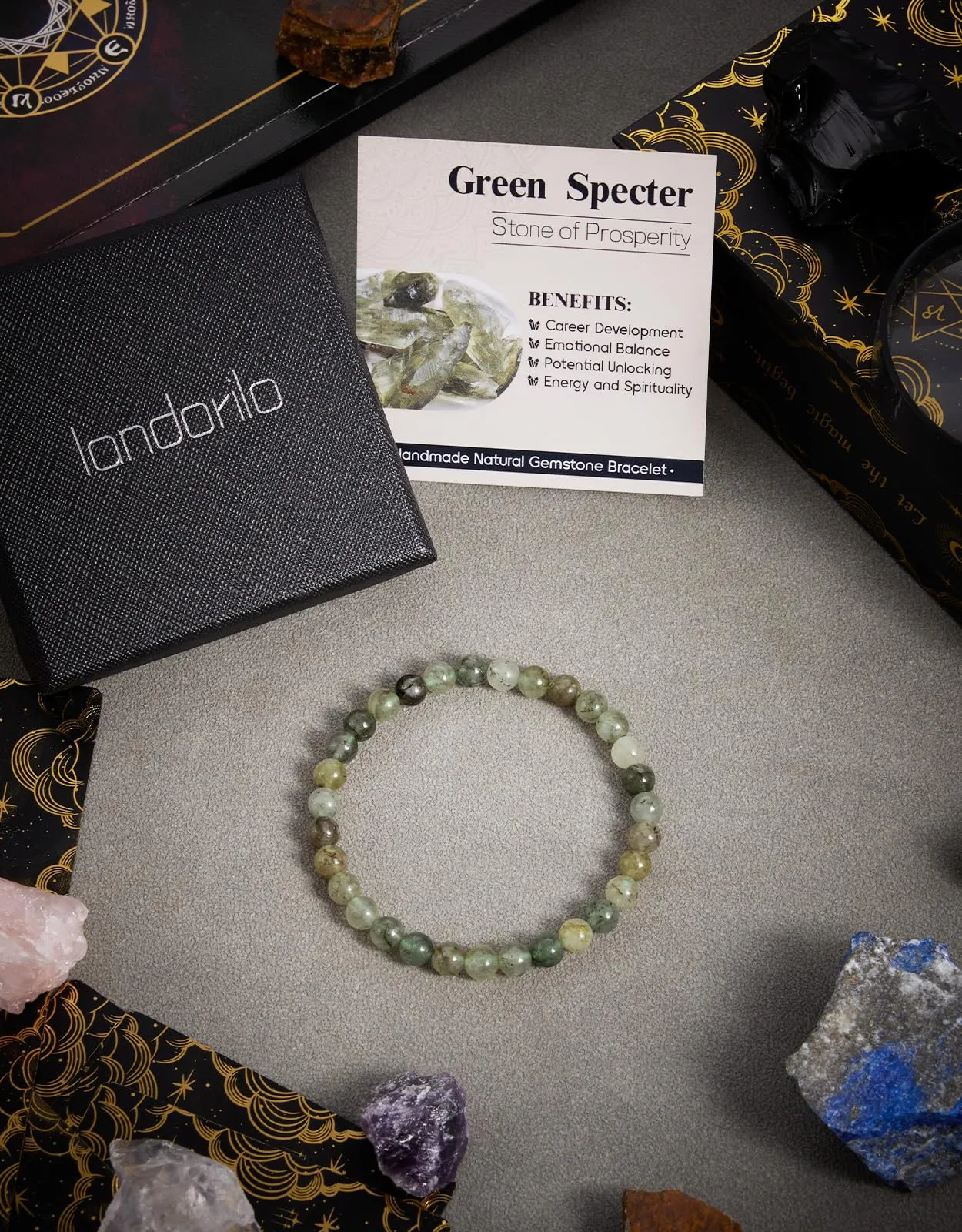 Landorilo Bracciale in Pietra Naturale 6 mm, Specchio Verde, 19 cm - immagine 4