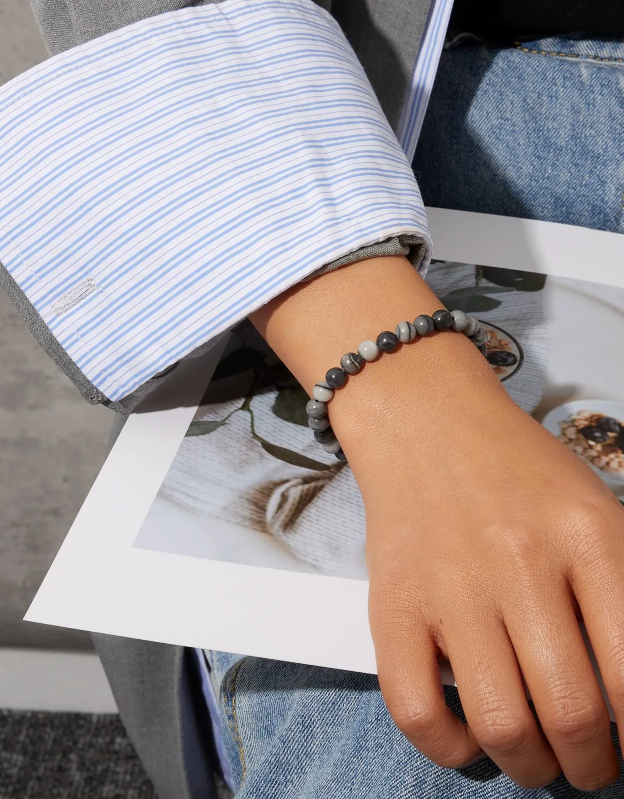 Landorilo Bracciale in Pietra Naturale Sky Jasper, 6 mm, 19 cm - immagine 2