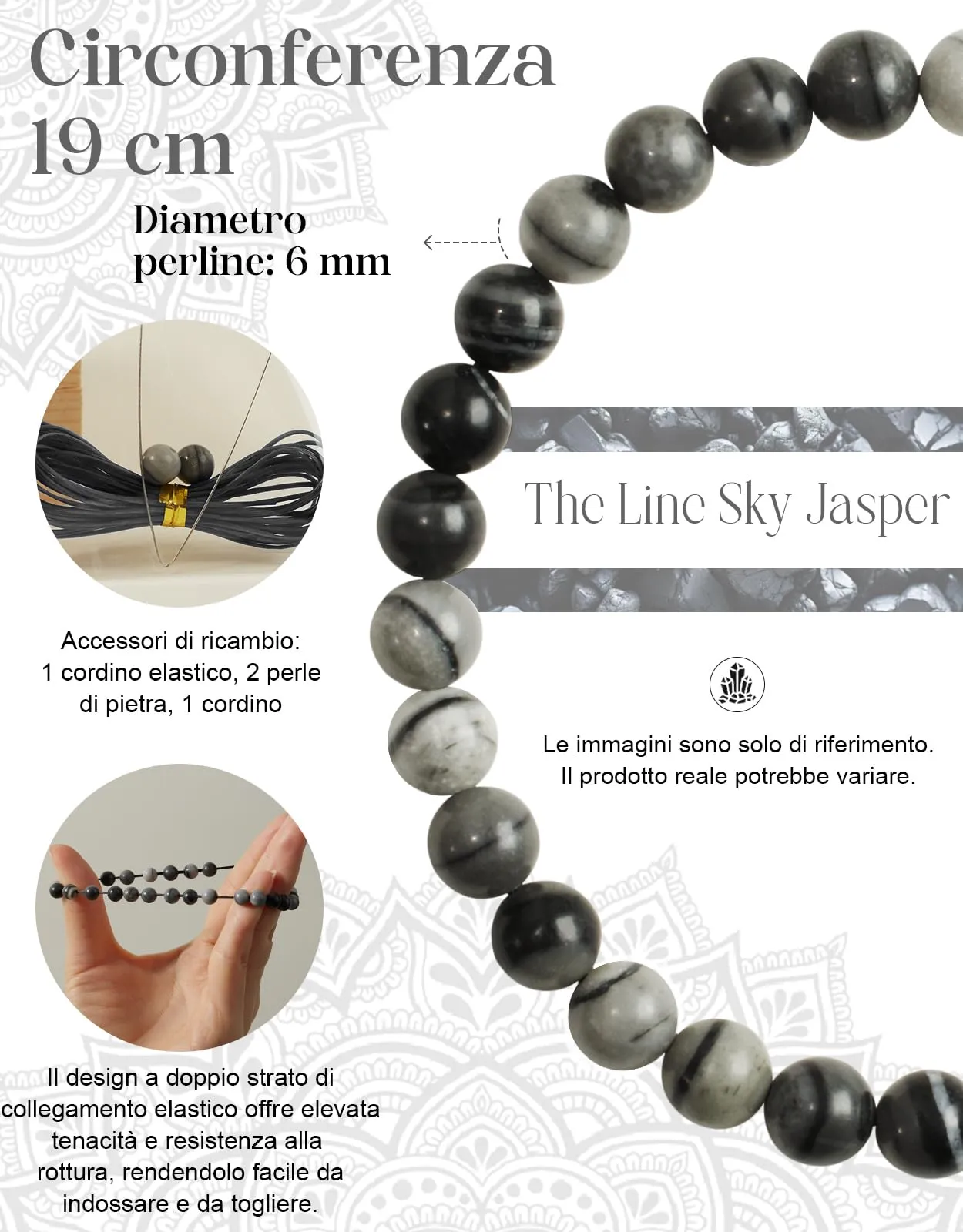 Landorilo Bracciale in Pietra Naturale Sky Jasper, 6 mm, 19 cm - immagine 3