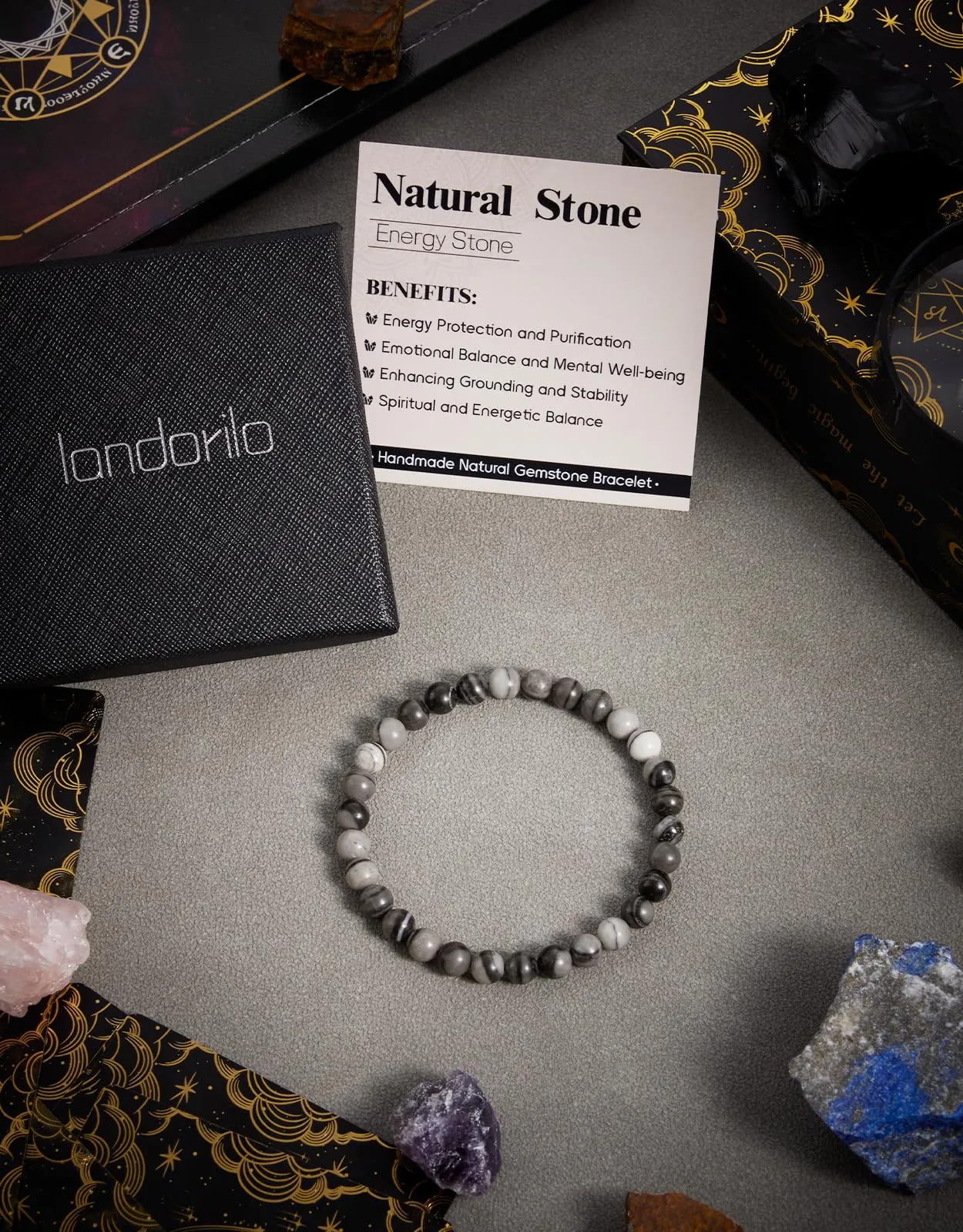 Landorilo Bracciale in Pietra Naturale Sky Jasper, 6 mm, 19 cm - immagine 4