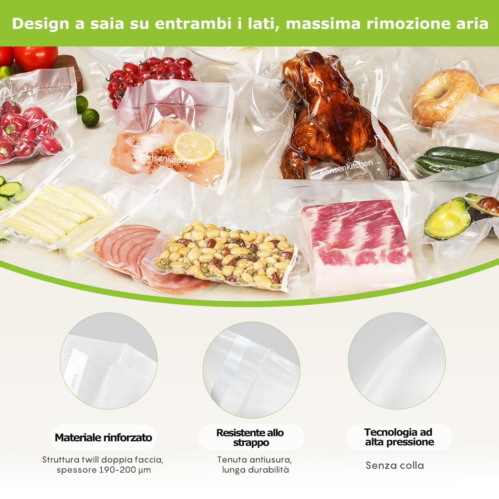 Bonsenkitchen Sacchetti Sottovuoto Alimenti, 2 Rotoli 28x300cm e 3 Rotoli 20x300cm - immagine 2