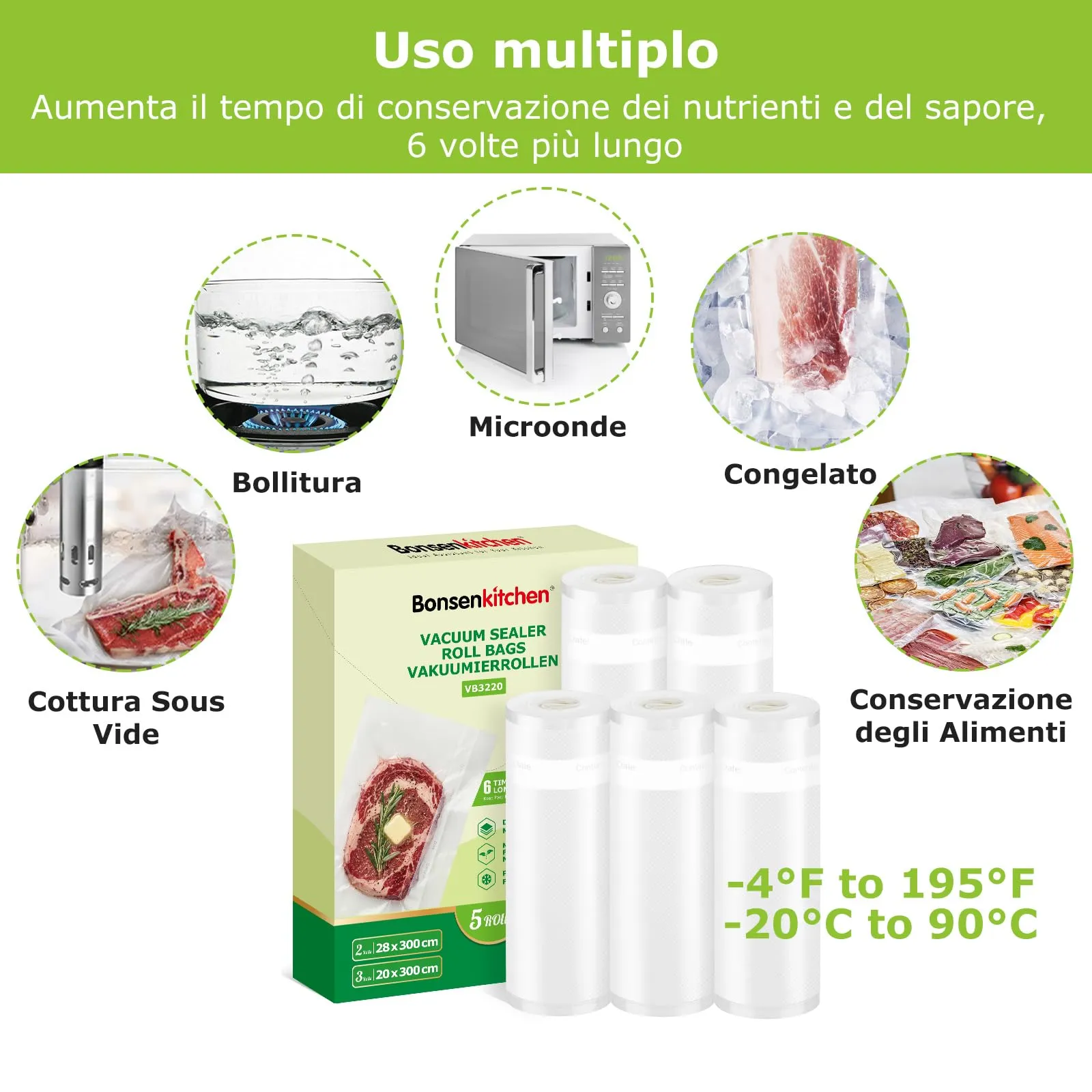 Bonsenkitchen Sacchetti Sottovuoto Alimenti, 2 Rotoli 28x300cm e 3 Rotoli 20x300cm - immagine 3