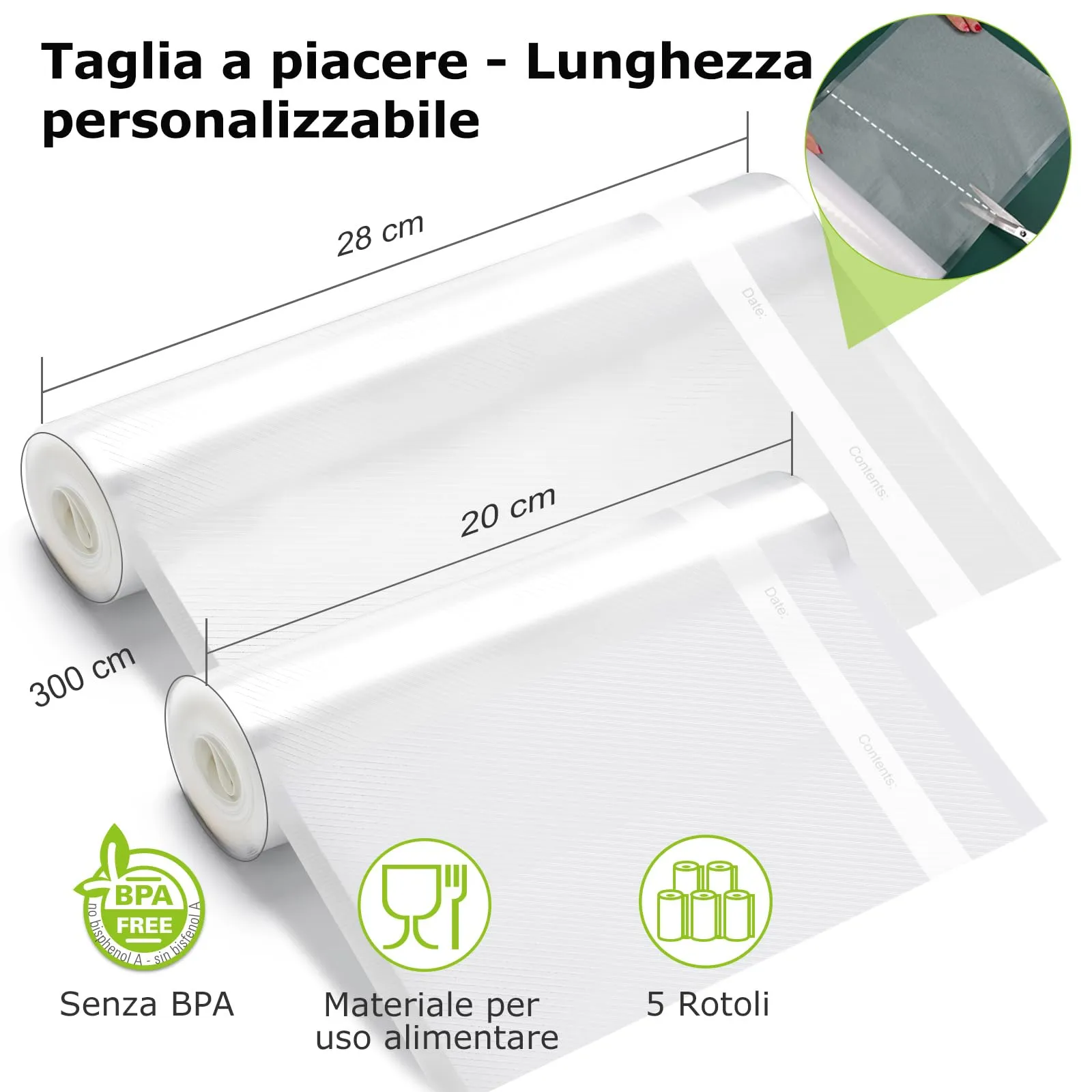Bonsenkitchen Sacchetti Sottovuoto Alimenti, 2 Rotoli 28x300cm e 3 Rotoli 20x300cm - immagine 4