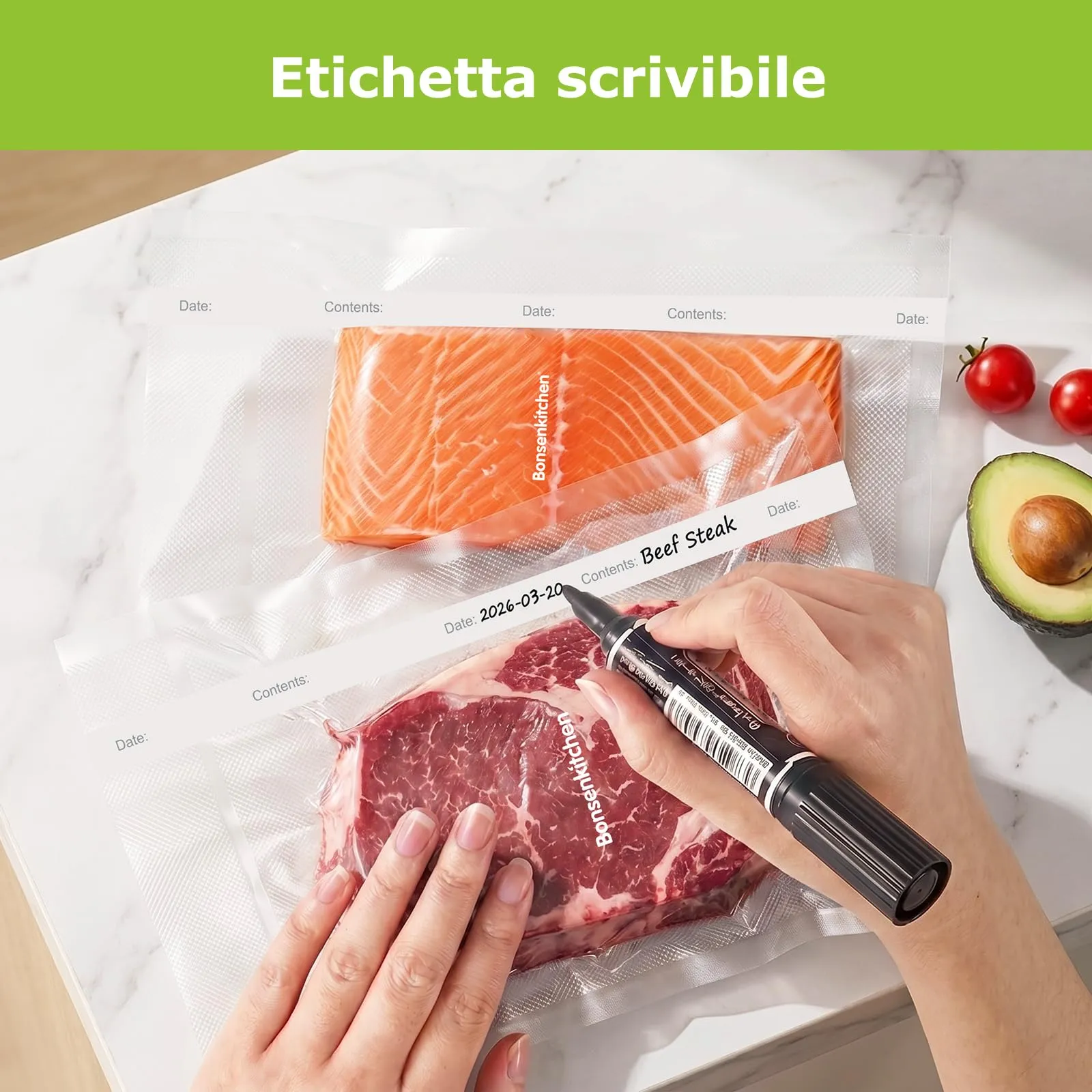 Bonsenkitchen Sacchetti Sottovuoto Alimenti, 2 Rotoli 28x300cm e 3 Rotoli 20x300cm - immagine 7