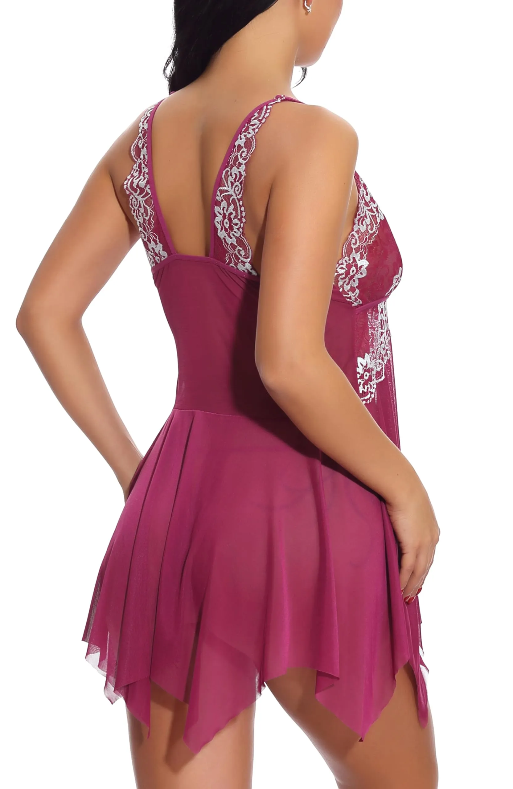 ONGASOFT Set Lingerie Babydoll con Chiusura Frontale e Perizoma, Rosso Rosa Scuro, L - immagine 6