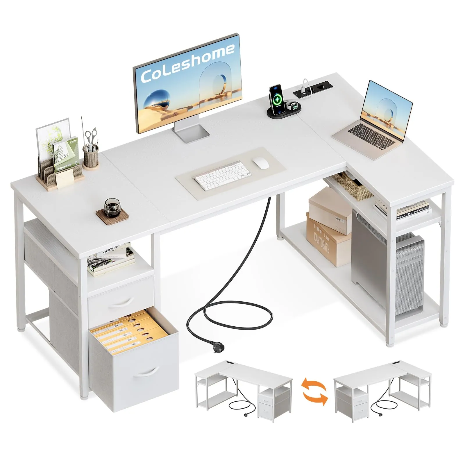 Coleshome Scrivania Angolare con USB e Presa, 140x80cm - immagine 1