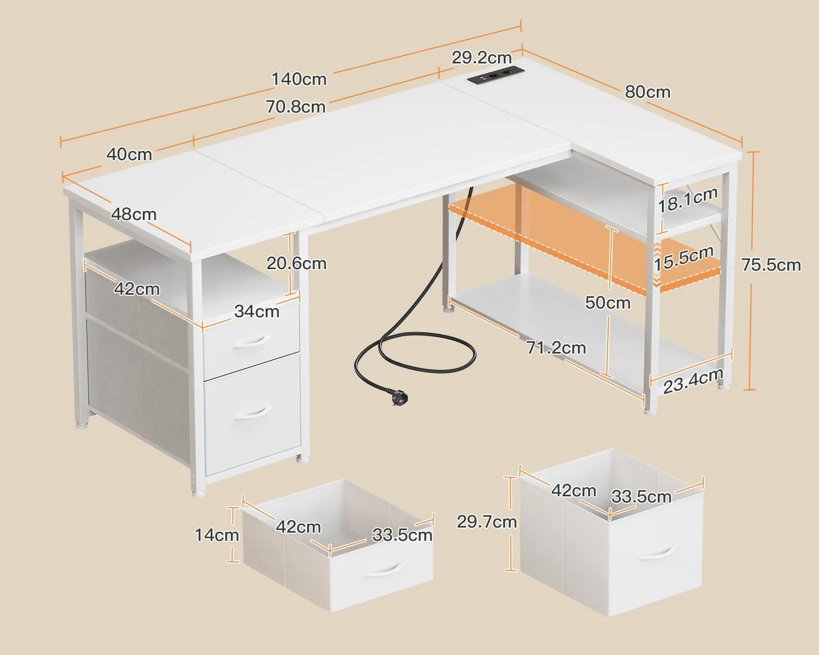 Coleshome Scrivania Angolare con USB e Presa, 140x80cm - immagine 3