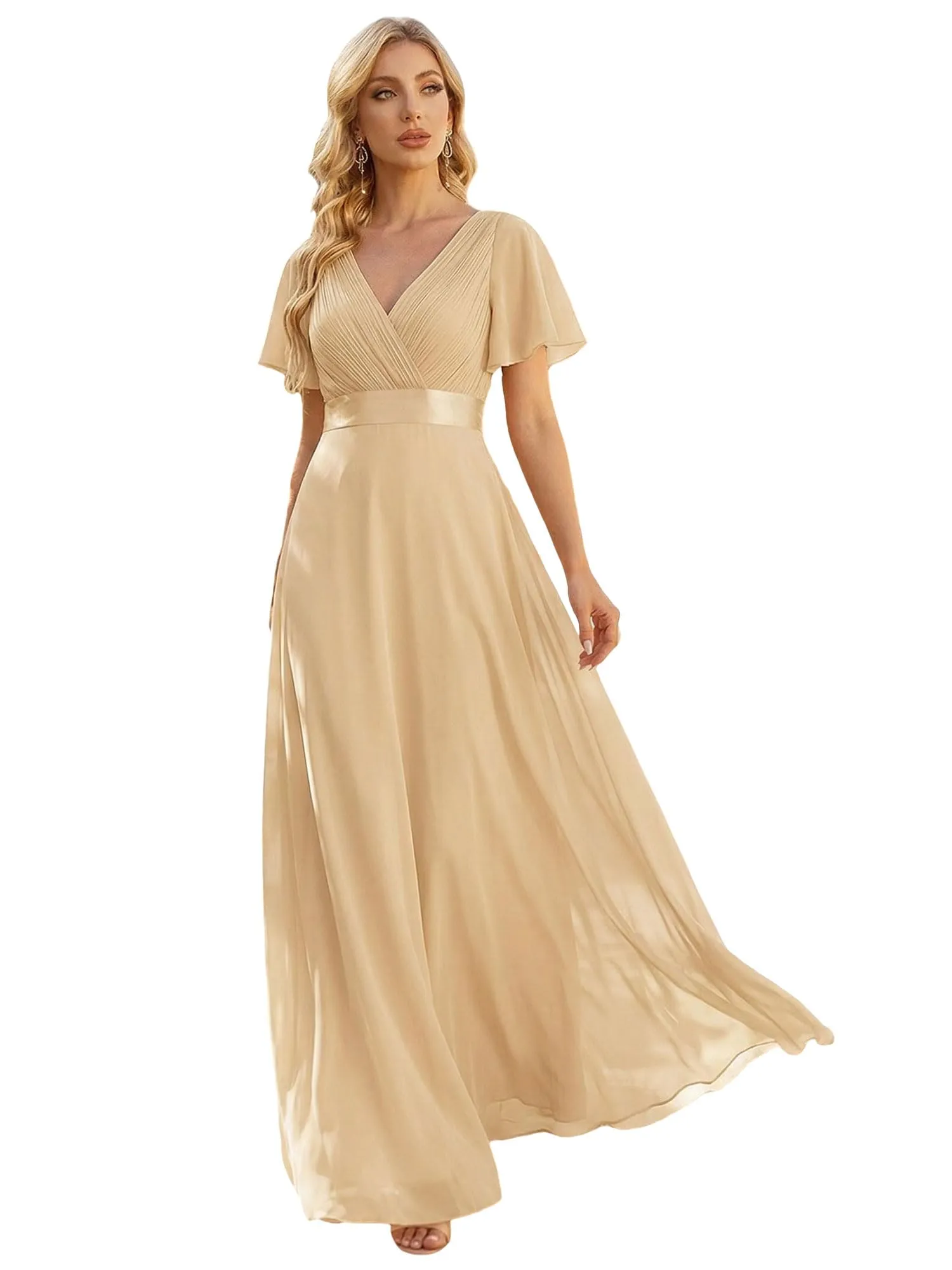 Ever-Pretty Vestito da Cerimonia Donna Scollo a V Linea ad A con Spacco Champagne 40 - immagine 1