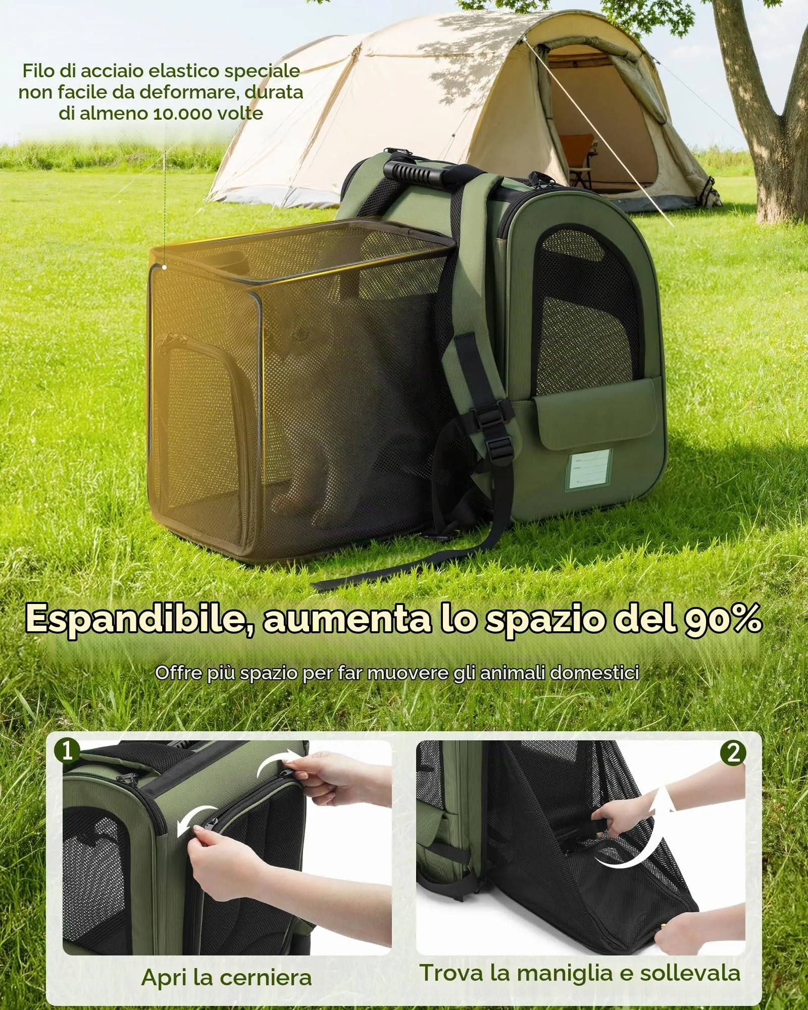 Pecute Zaino per Cani e Gatti Estensibile, Trasportino Portatile, Verde - immagine 4